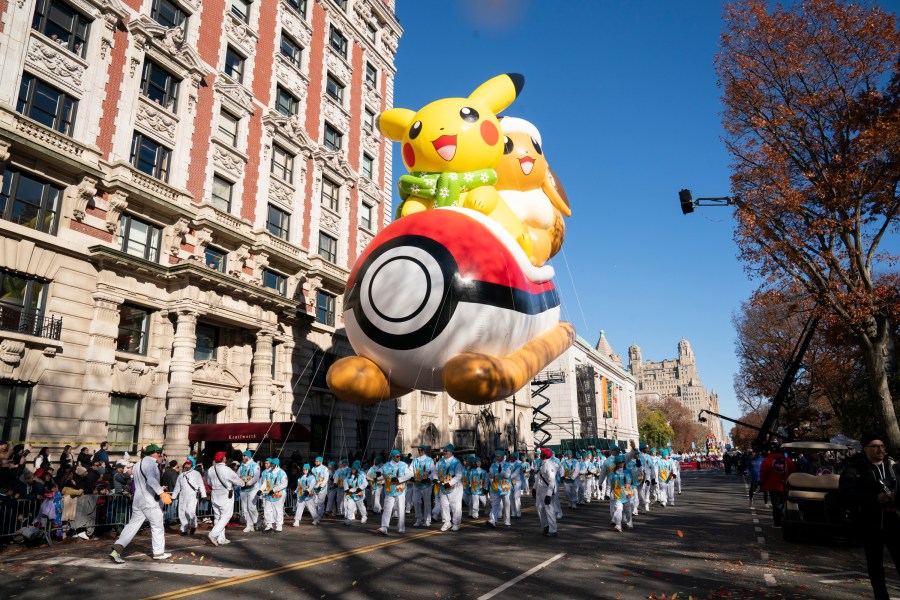 MACY'S THANKSGIVING DAY PARADE -- 2023 Uptown Production -- Pictured: Pikachu™ & Eevee™ Balloon -- (Photo by: Ralph Bavaro/NBC)