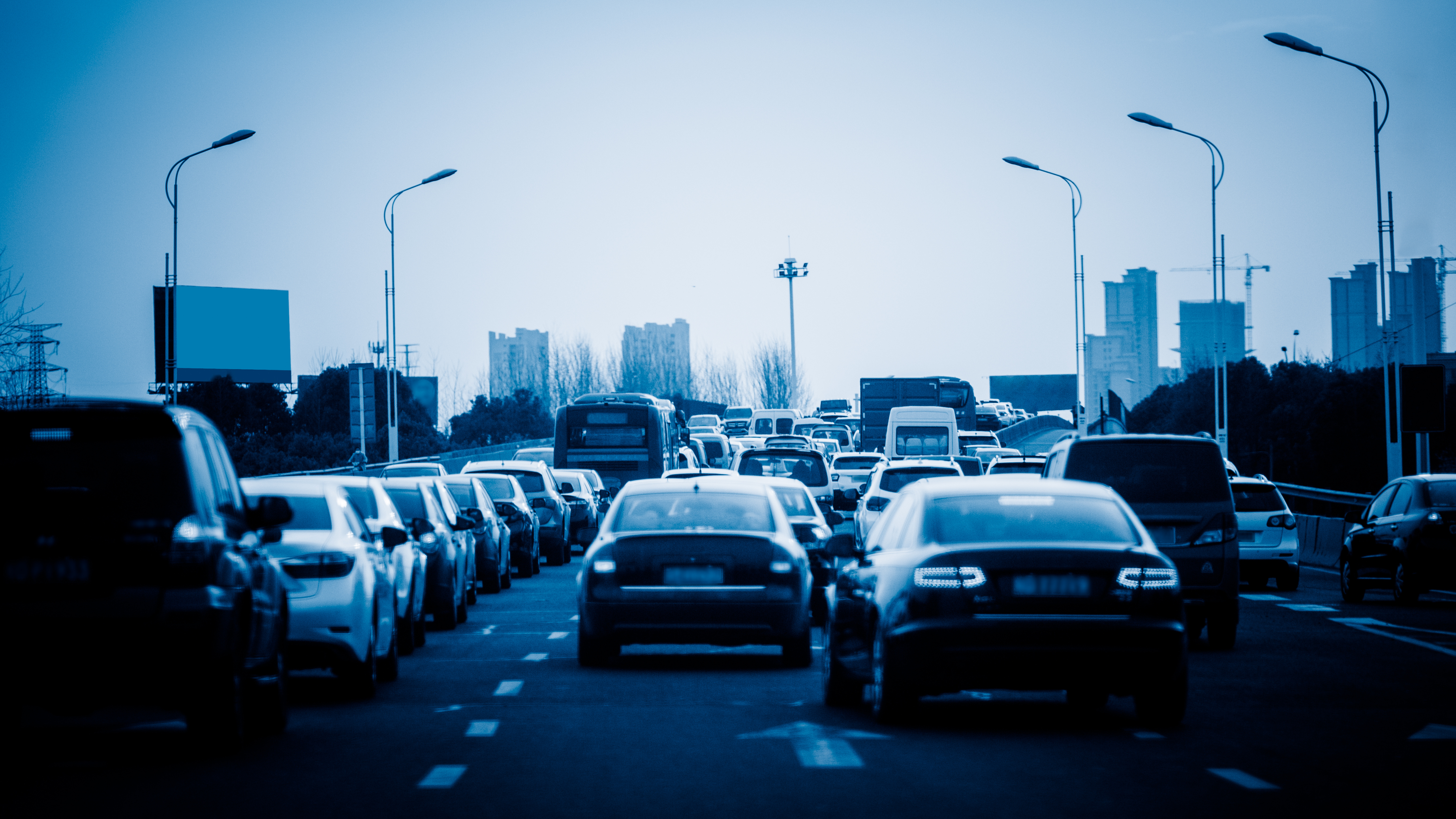 traffic jam on highway,shanghai china.blue toned image.