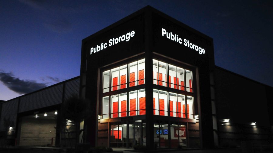 Exterior front view of a Public Storage building at night in Mesa, Arizona