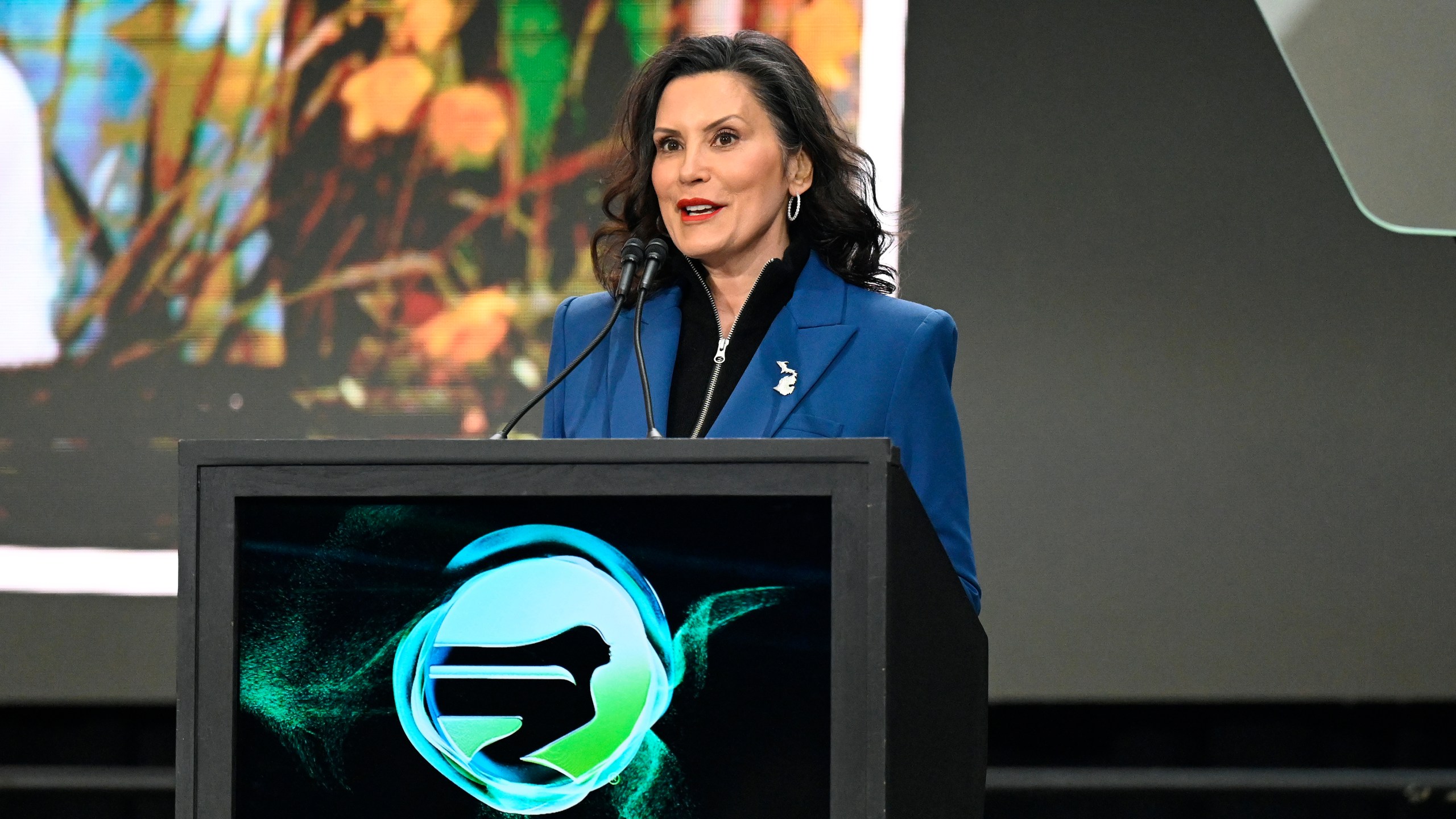 Michigan Gov. Gretchen Whitmer speaks at the Detroit Auto Show, Wednesday, Jan. 15, 2025, in Detroit. (AP Photo/Jose Juarez)