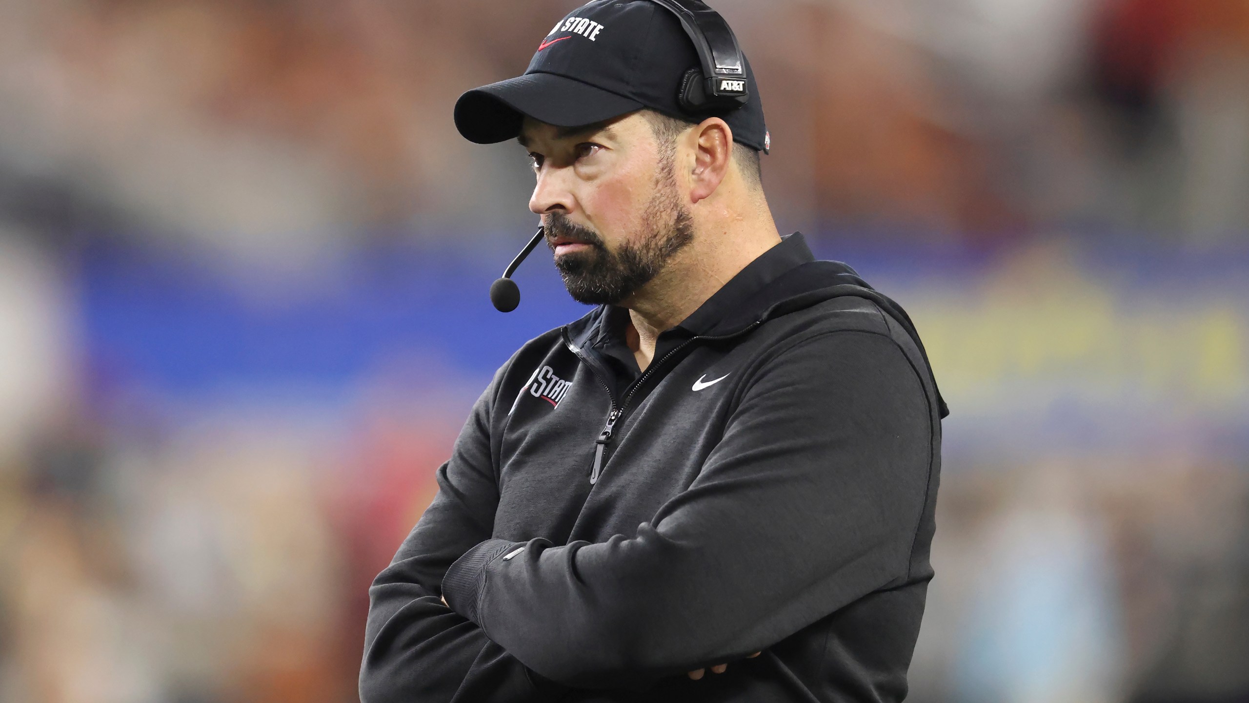 Ohio State head coach Ryan Day watches from the sideline during the first half of the Cotton Bowl College Football Playoff semifinal game against Texas, Friday, Jan. 10, 2025, in Arlington, Texas. (AP Photo/Gareth Patterson)