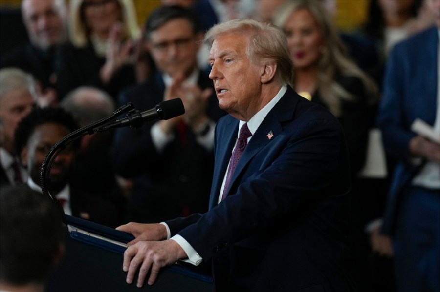 President Donald Trump gives his inaugural address during the 60th Presidential Inauguration in the Rotunda of the U.S. Capitol in Washington, Monday, Jan. 20, 2025. (AP Photo/Julia Demaree Nikhinson, Pool)