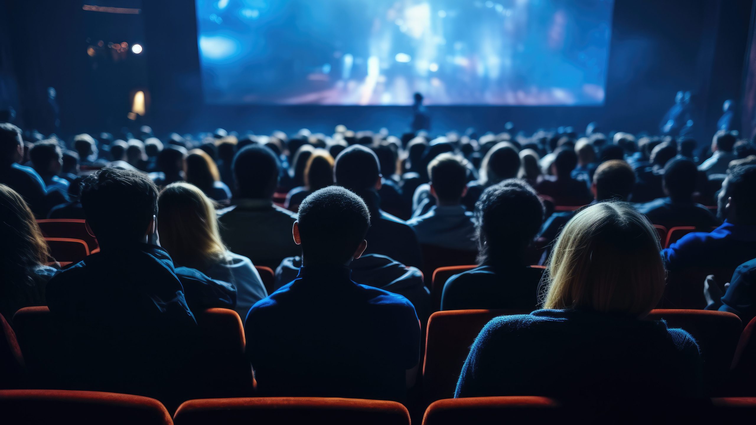 Group of people gathered together to enjoy movie projected on large screen. This image can be used to depict movie night, cinema experience, or community event.