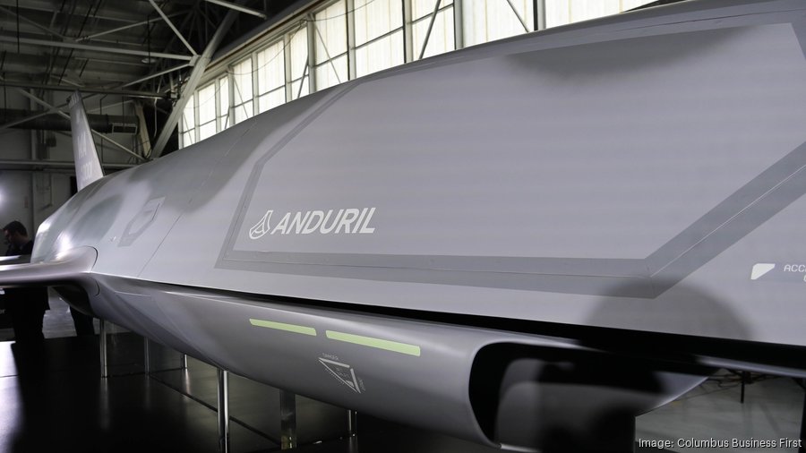 One of Anduril Industries' autonomous drones on display during an event announcing the company's plans to start production early next year at its Arsenal-1 plant. | Jack Kustron for CBF