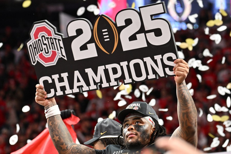 ATLANTA, GEORGIA - JANUARY 20: Tyleik Williams #91 of the Ohio State Buckeyes of the Ohio State Buckeyes celebrates after defeating the Notre Dame Fighting Irish 34-23 in the 2025 CFP National Championship at the Mercedes-Benz Stadium on January 20, 2025 in Atlanta, Georgia. (Photo by Paras Griffin/Getty Images)