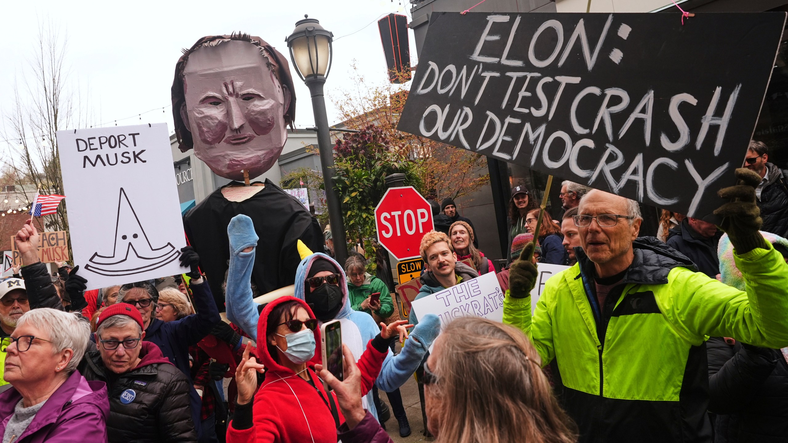 People wave signs and a during a protest against Tesla and Elon Musk outside of a Tesla showroom Saturday, March 29, 2025, in the University District of Seattle. (AP Photo/Lindsey Wasson)