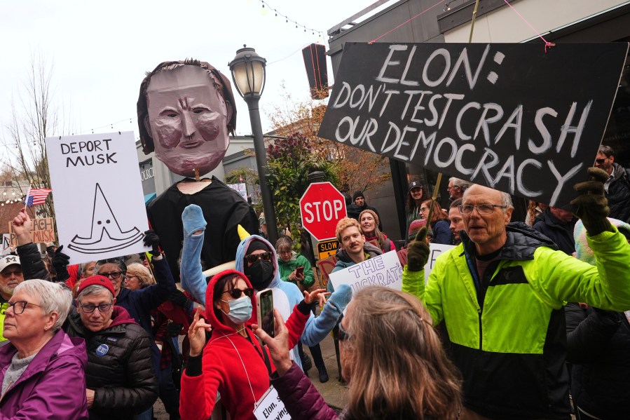 People wave signs and a during a protest against Tesla and Elon Musk outside of a Tesla showroom Saturday, March 29, 2025, in the University District of Seattle. (AP Photo/Lindsey Wasson)