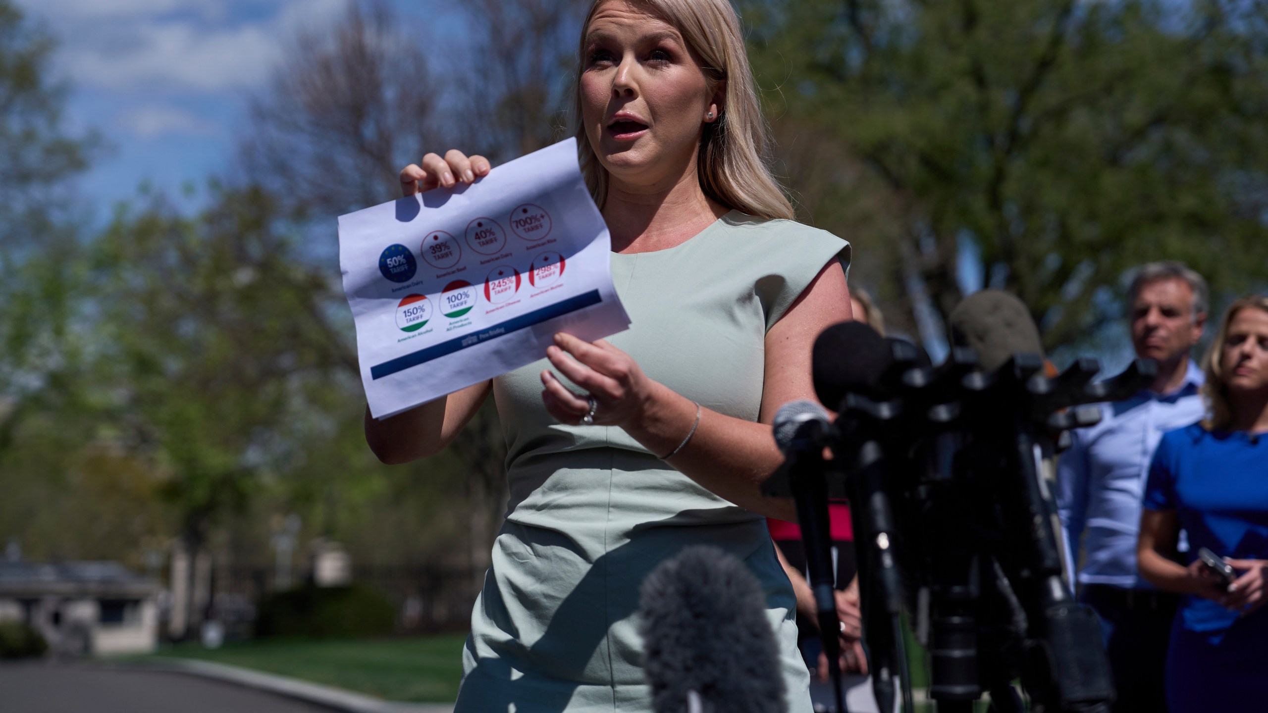 White House press secretary Karoline Leavitt speaks with reporters at the White House, Monday, March 31, 2025, in Washington. (AP Photo/Evan Vucci)