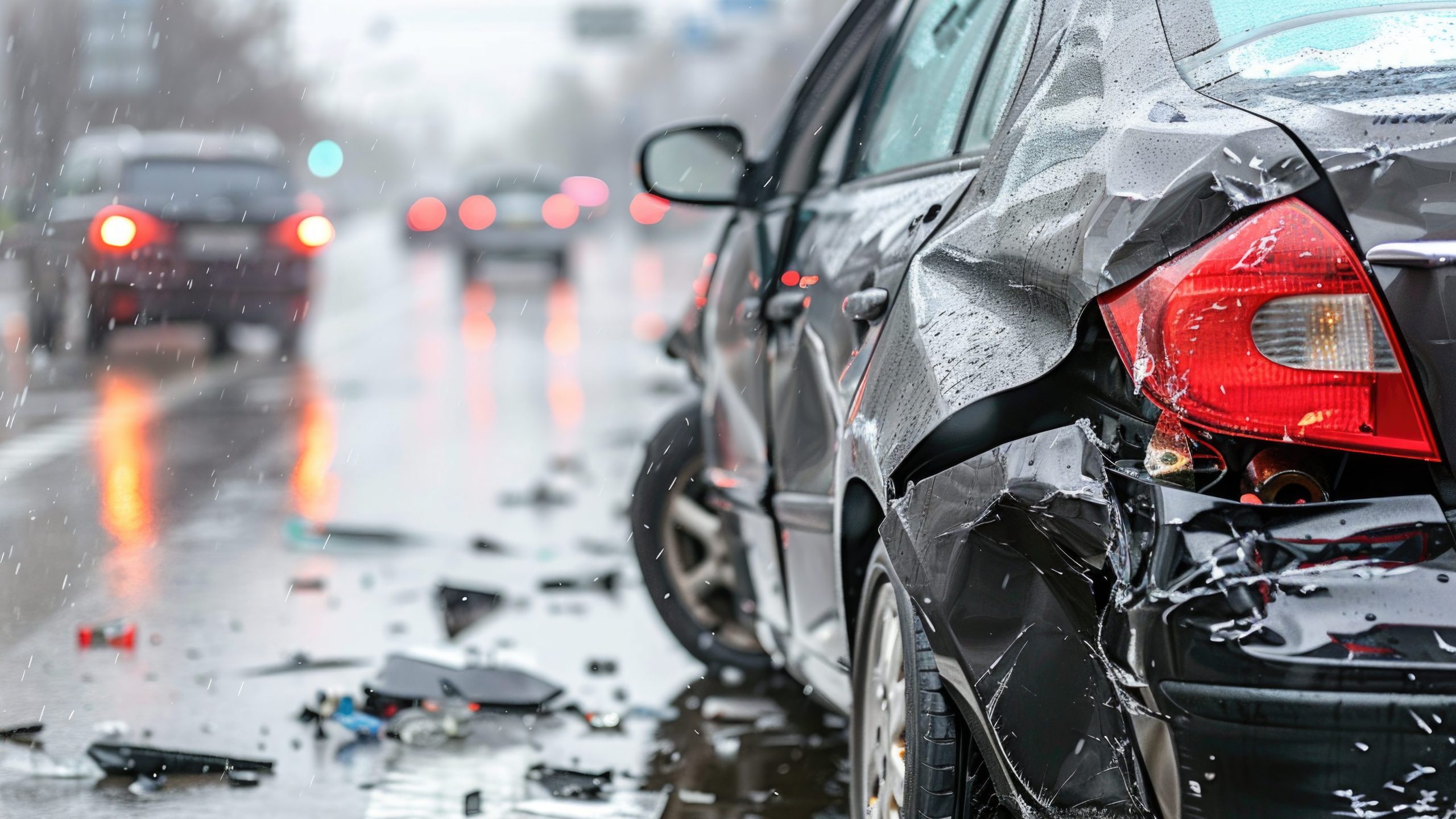 A car with a crushed rear end after an accident, with debris scattered on a wet road.