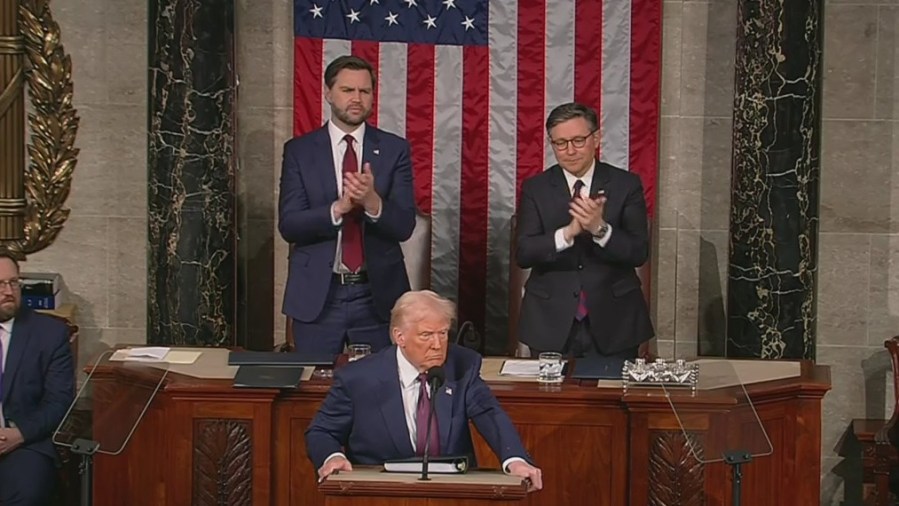 From left, Vice President JD Vance, President Donald Trump, and Speaker of the House Mike Johnson during Trump's speech before a joint session of Congress on March 4, 2025.