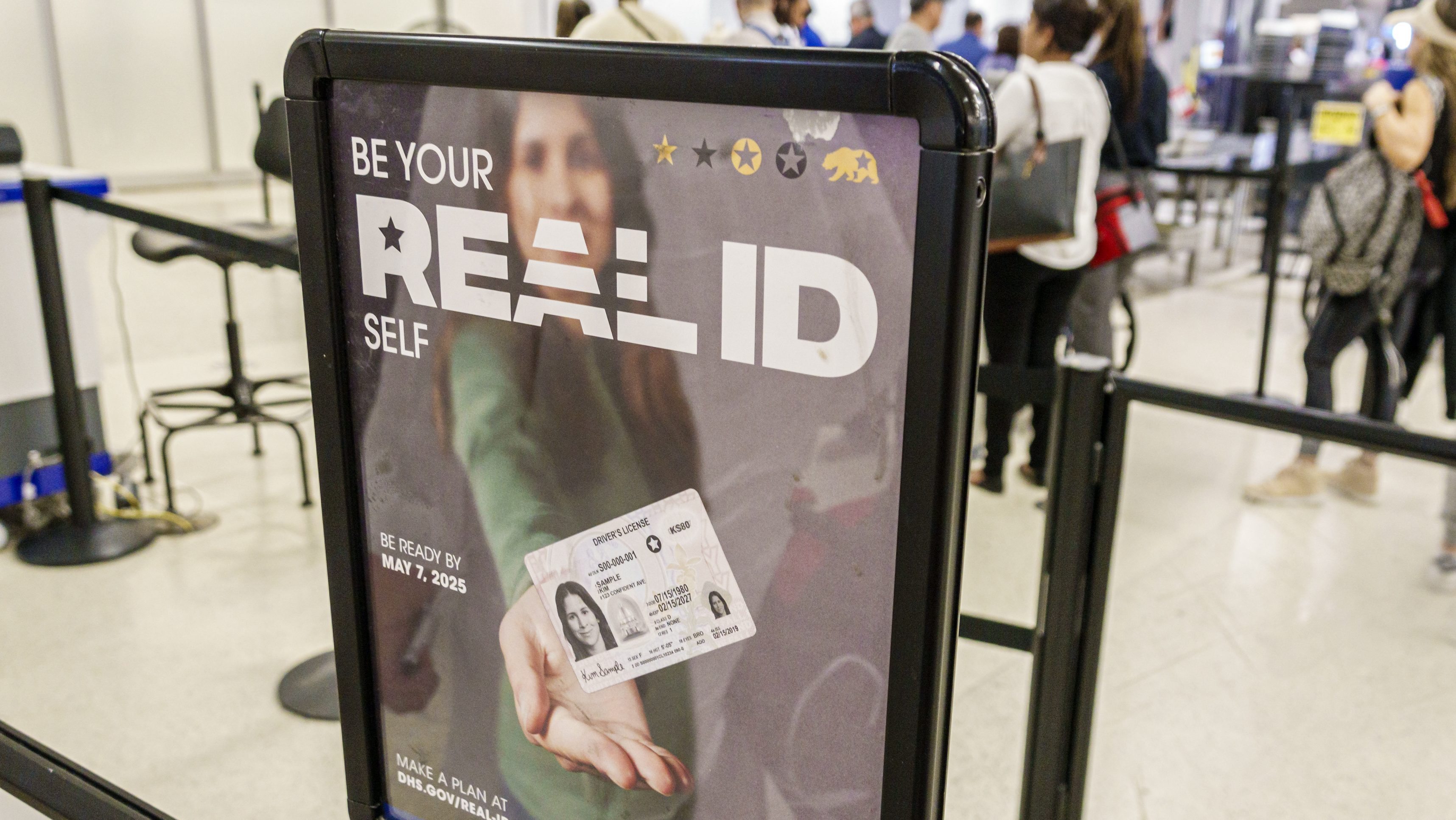 Miami, Florida, Miami International Airport, TSA checkpoint security screening, Real ID sign. (Photo by: Jeffrey Greenberg/Universal Images Group via Getty Images)