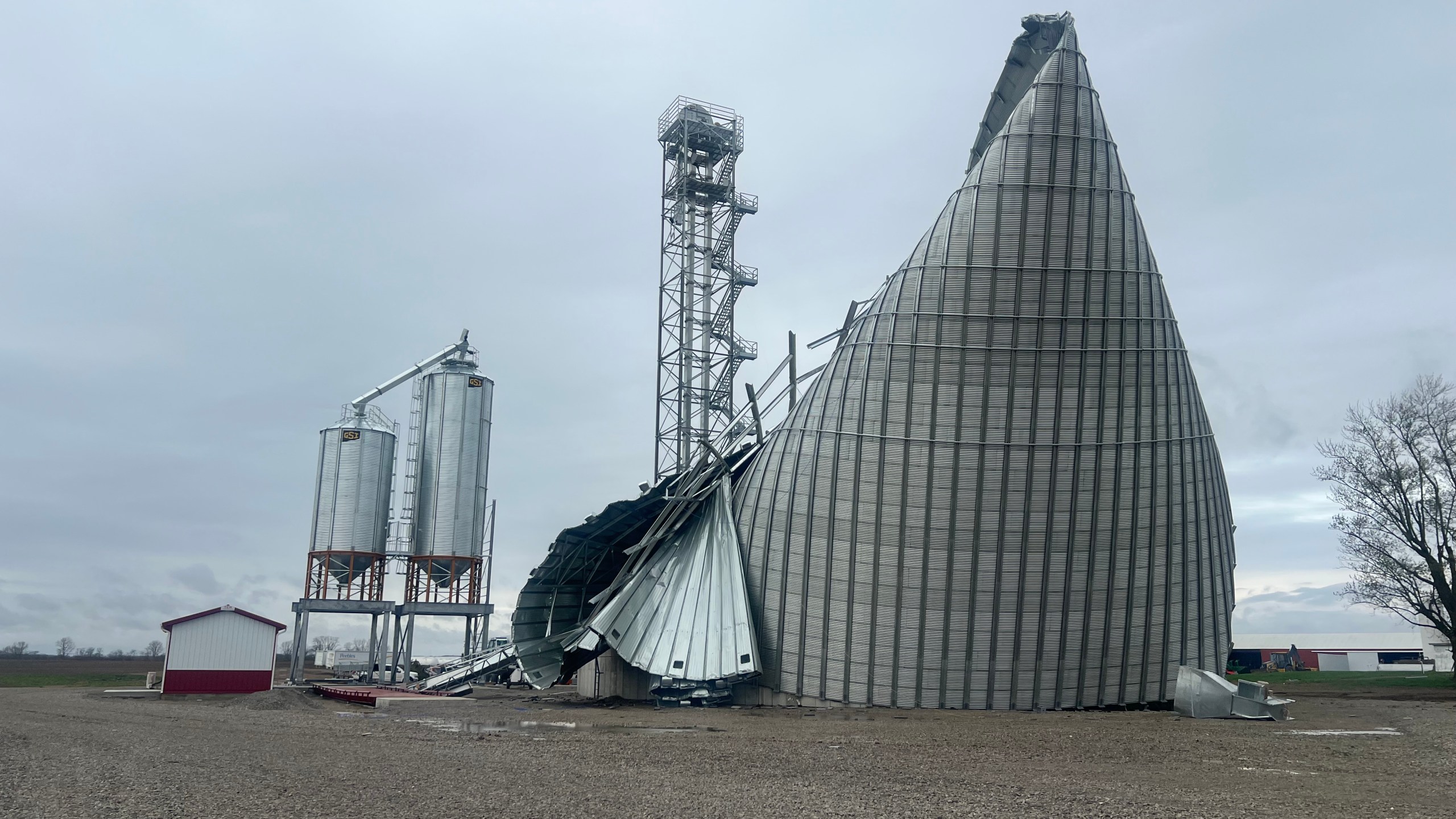 A grain bin at the Miller Grain Company in Fayette County was destroyed by strong storms on April 3, 2025. (NBC4)