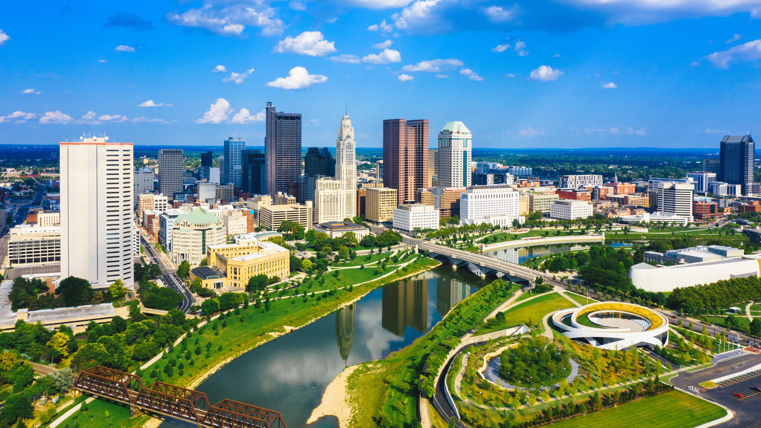Aerial view of Downtown Columbus Ohio with Scioto river