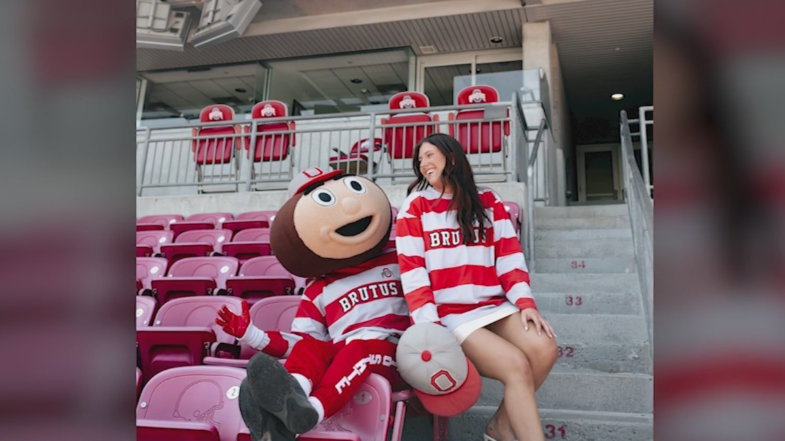Emily Hayward, right, was the first woman in more than 20 years to play Brutus Buckeye. She graduated from Ohio State University in 2025.