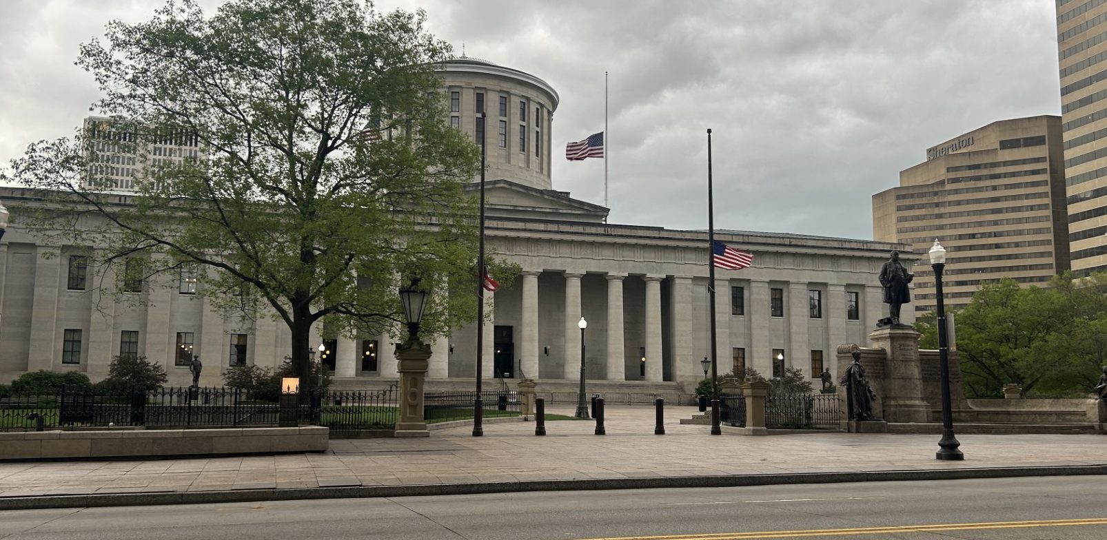 U.S. flags at half staff at the Ohio Statehouse on May 4, 2025. (NBC4)