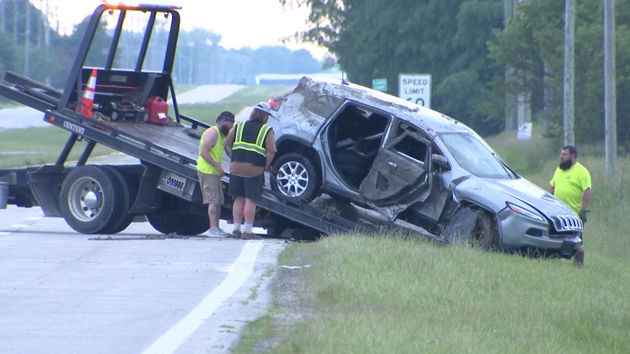 Police respond to a call for a car going into a pond in West Jefferson on Thursday, June 5, 2025.
