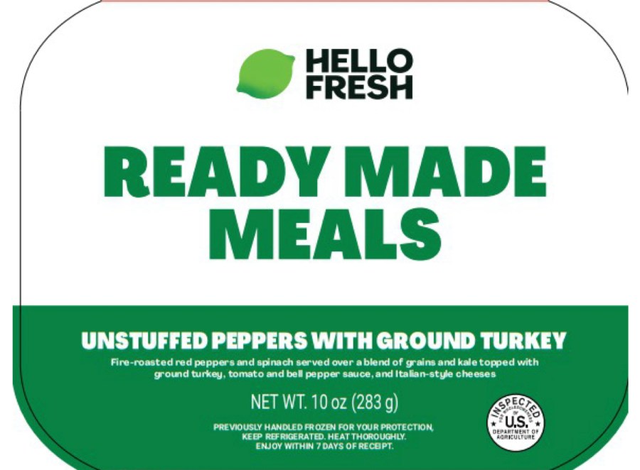 This image provided by U.S. Agriculture Department shows Hello Fresh Ready Made Meals Unstuffed Peppers with Ground Turkey, where Federal health officials late Monday, Oct. 6, 2025, warned people not to eat certain subscription meal kits containing spinach that may be contaminated with listeria and identified with Est. P-47718 and lot codes 50069, 50073 or 50698.(U.S. Agriculture Department via AP)