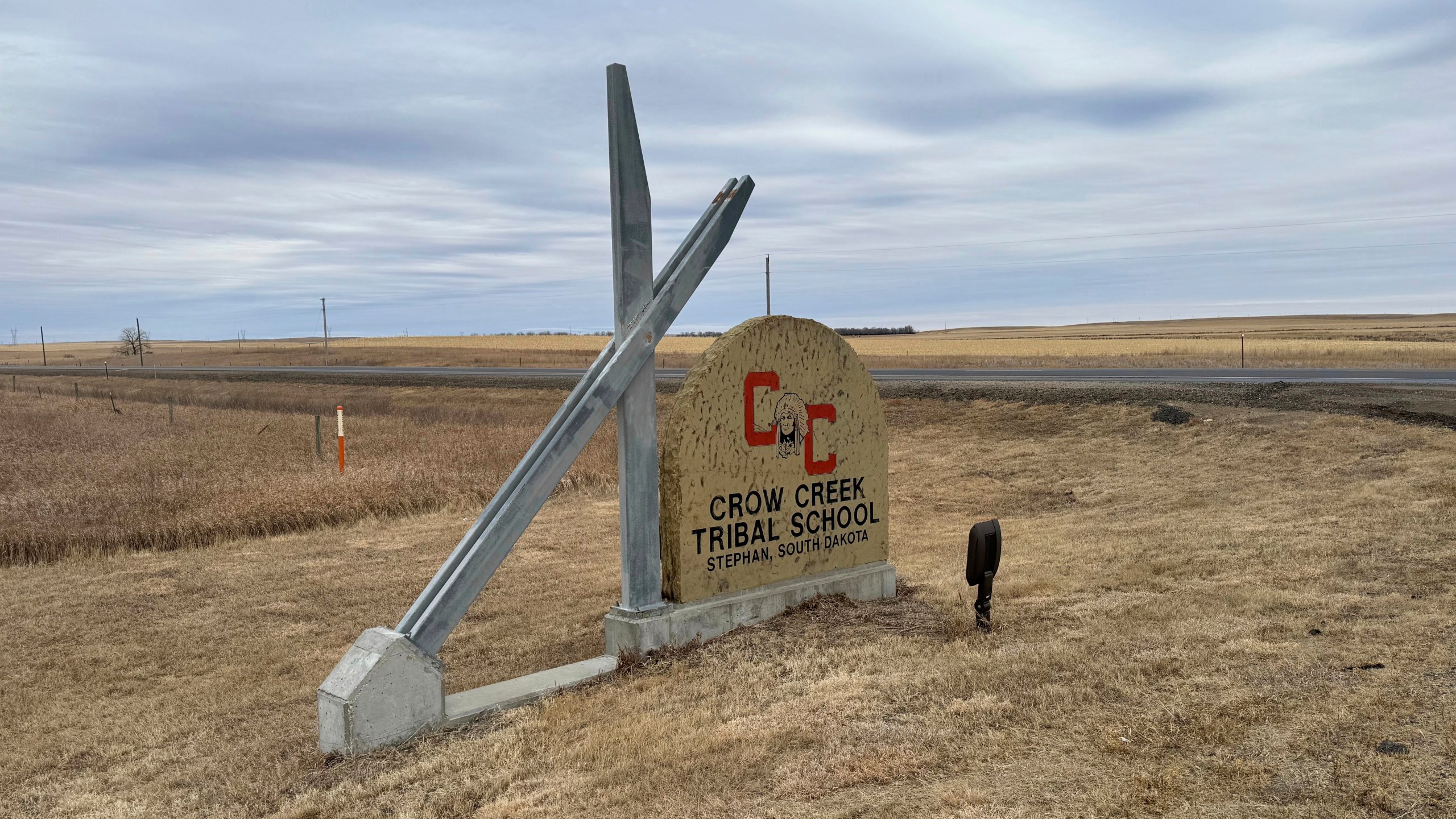 The Crow Creek Tribal School system is marked by a sign in Stephan, S.D., Feb. 7, 2025. (Bart Pfankuch/South Dakota News Watch)