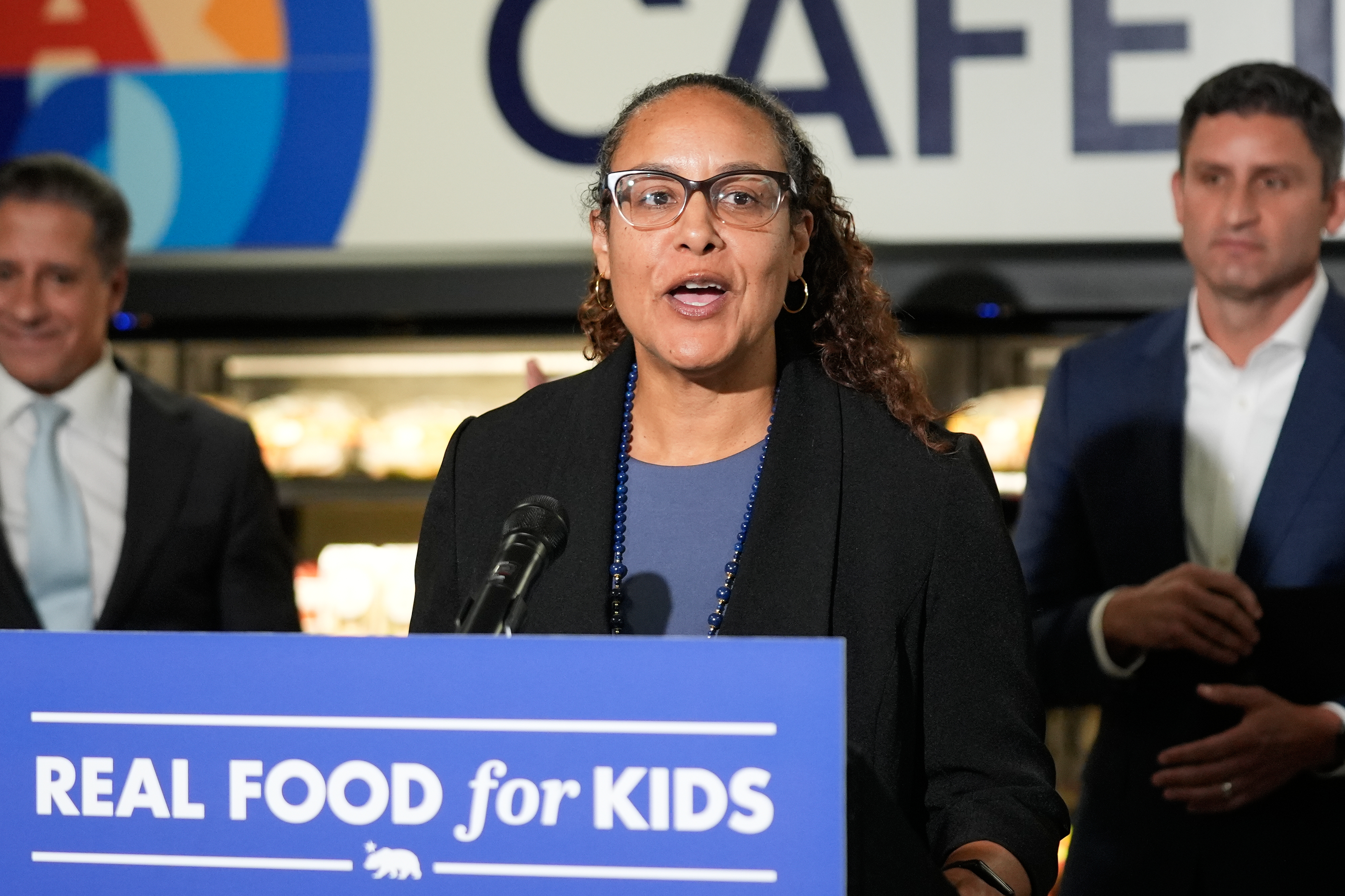 Human Services Agency Secretary Kim Johnson speaks at a news conference at Belvedere Middle School, Wednesday, Oct. 8, 2025, in Los Angeles. (AP Photo/Damian Dovarganes)