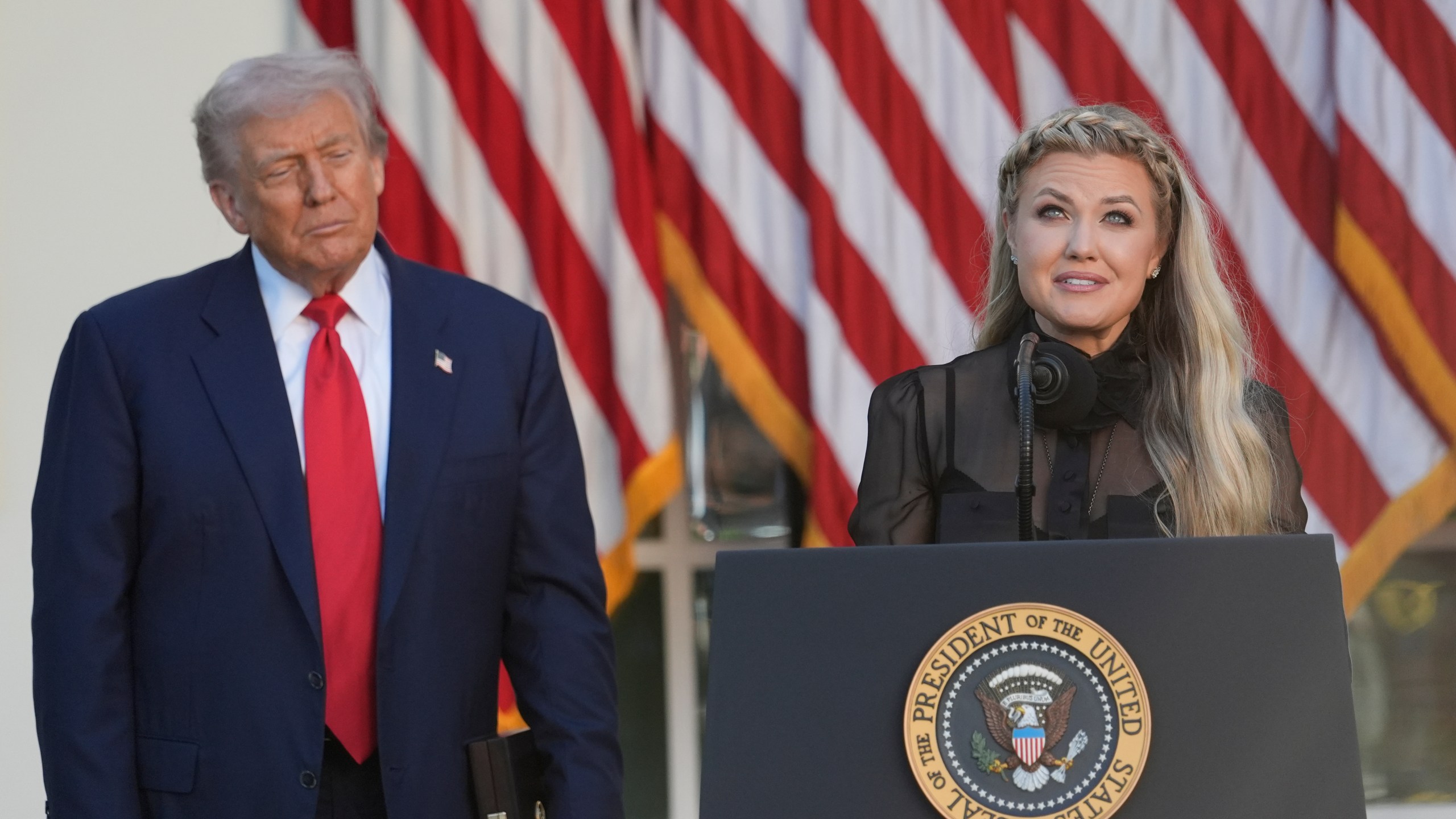 Erika Kirk speaks after President Donald Trump posthumously awarded the Presidential Medal of Freedom to Charlie Kirk in the Rose Garden of the White House, Tuesday, Oct. 14, 2025, in Washington. (AP Photo/Alex Brandon)