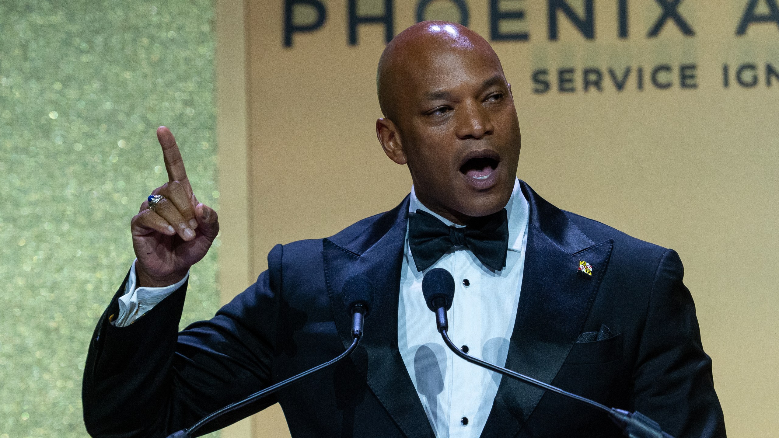 Maryland Gov. Wes Moore speaks during the Congressional Black Caucus Foundation Phoenix Awards Dinner, in Washington, Saturday, Sept. 27, 2025. (AP Photo/Cliff Owen)