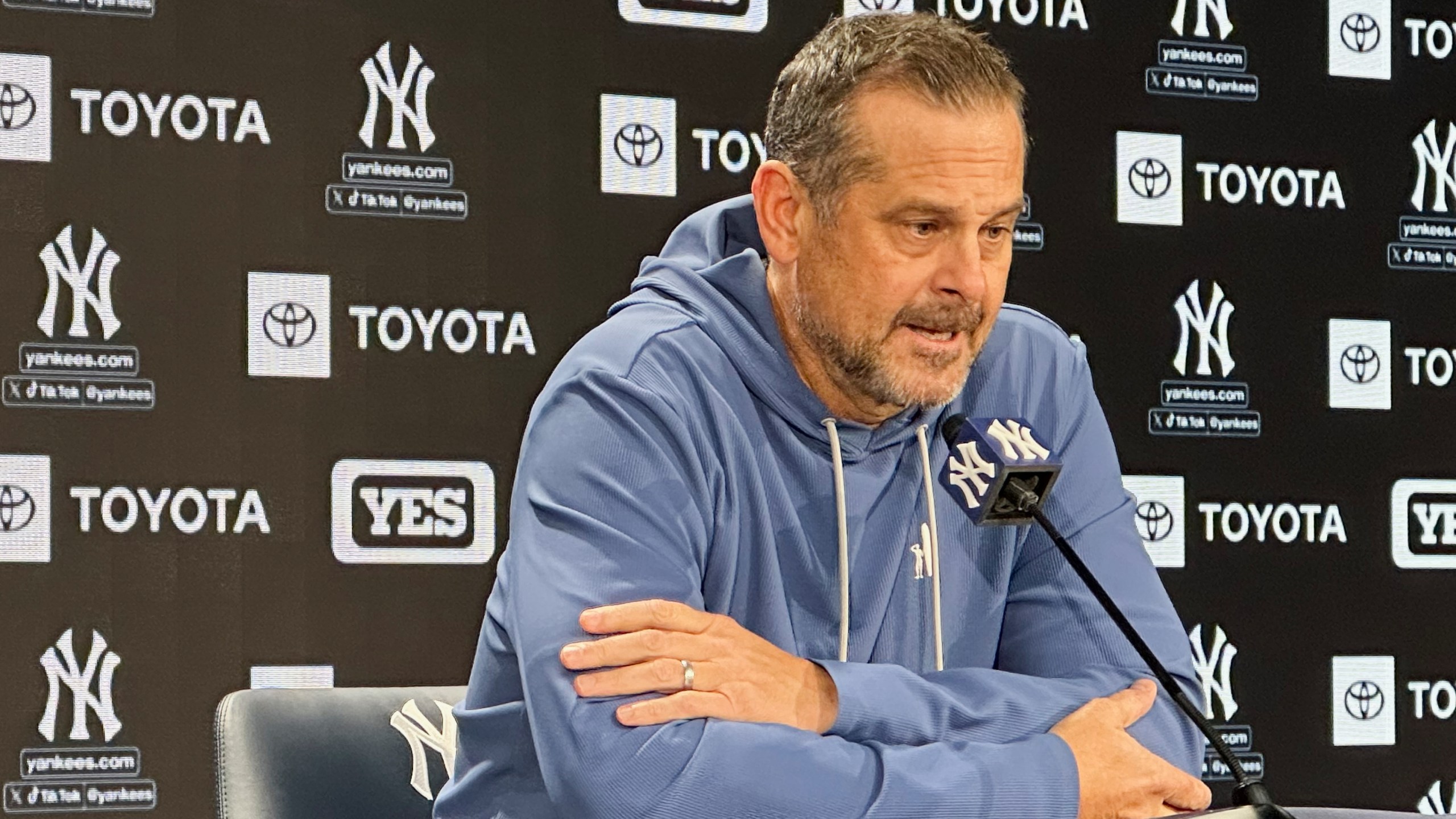New York Yankees manager Aaron Boone speaks during a baseball news conference, Thursday, Oct. 16, 2025, in New York. (AP Photo/Ronald Blum)