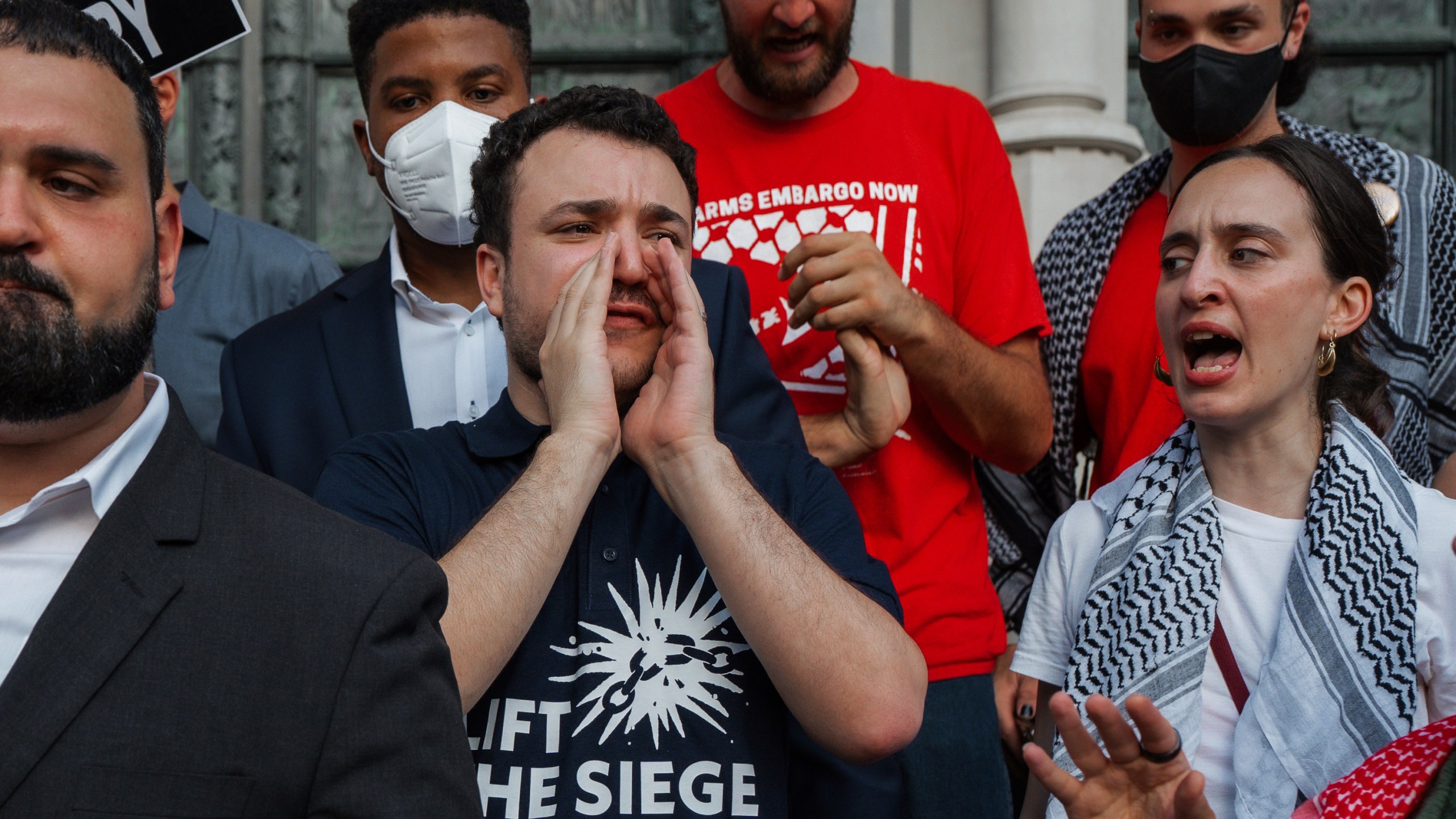 FILE - Pro-Palestinian activist Mahmoud Khalil chants during a rally celebrating his return from immigration detention, June 22, 2025, in New York. (AP Photo/Olga Fedorova, File)
