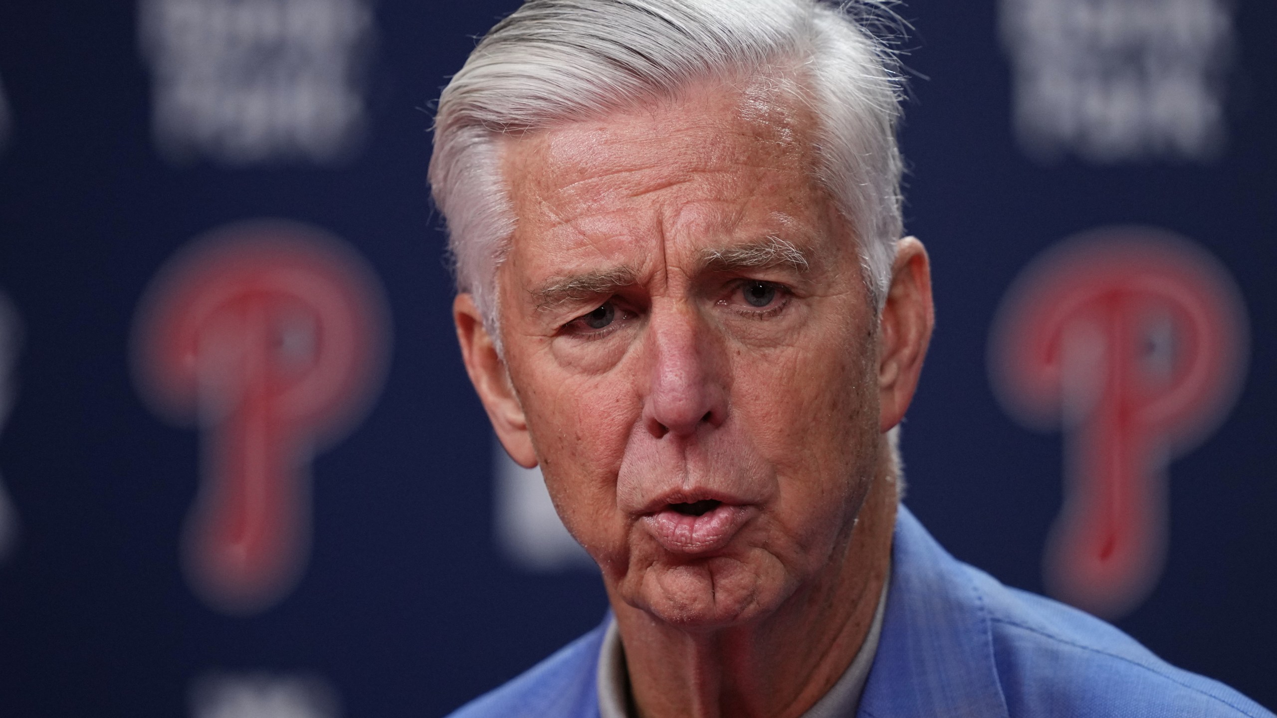 Philadelphia Phillies president of baseball operations Dave Dombrowki speaks during a news conference, Thursday, Oct. 16, 2025, in Philadelphia. (AP Photo/Matt Rourke)