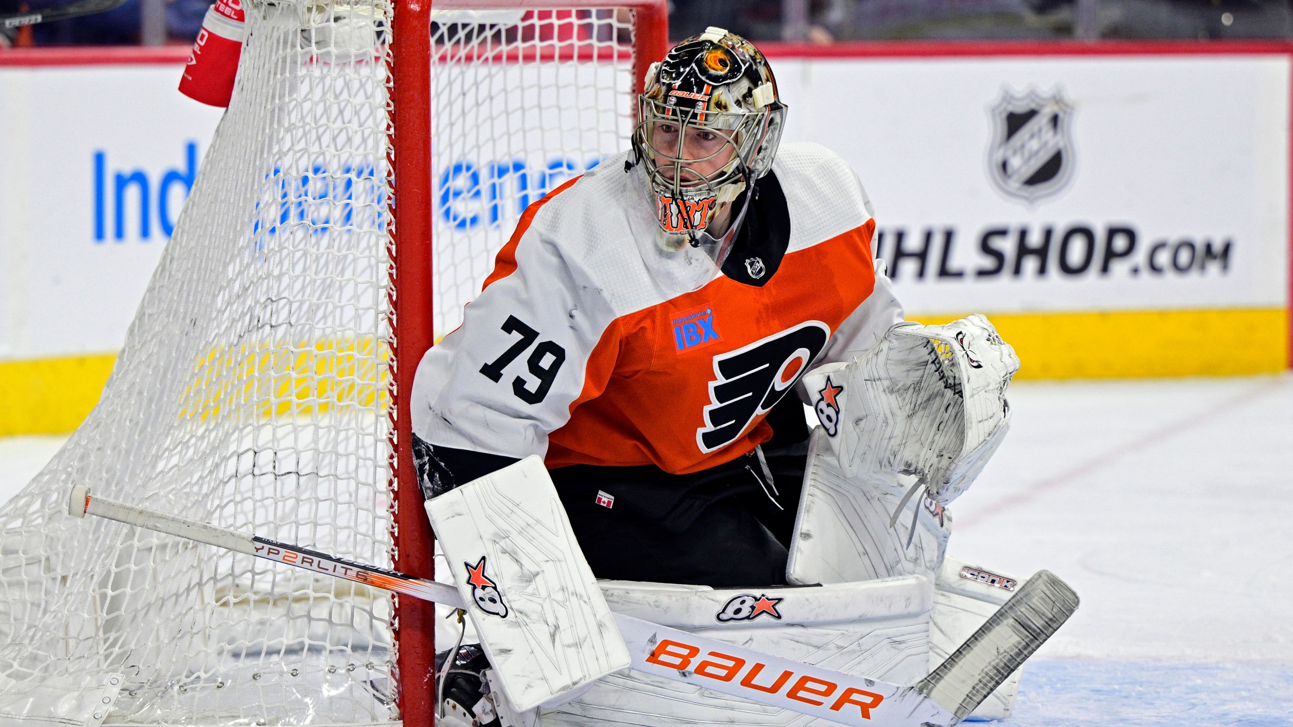 FILE - Philadelphia Flyers' goaltender Carter Hart guards the net during an NHL hockey game against the Colorado Avalanche, Jan. 20, 2024, in Philadelphia. (AP Photo/Derik Hamilton, File)