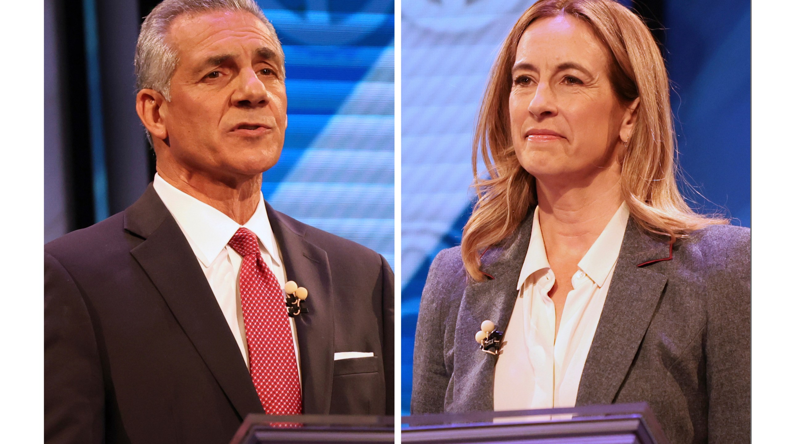 This combination photo shows candidates for governor of New Jersey Republican Jack Ciattarelli, left, and Democrat Mikie Sherrill during the final debate in governors race, Oct. 8, 2025, in New Brunswick, N.J. (AP Photos/Heather Khalifa)