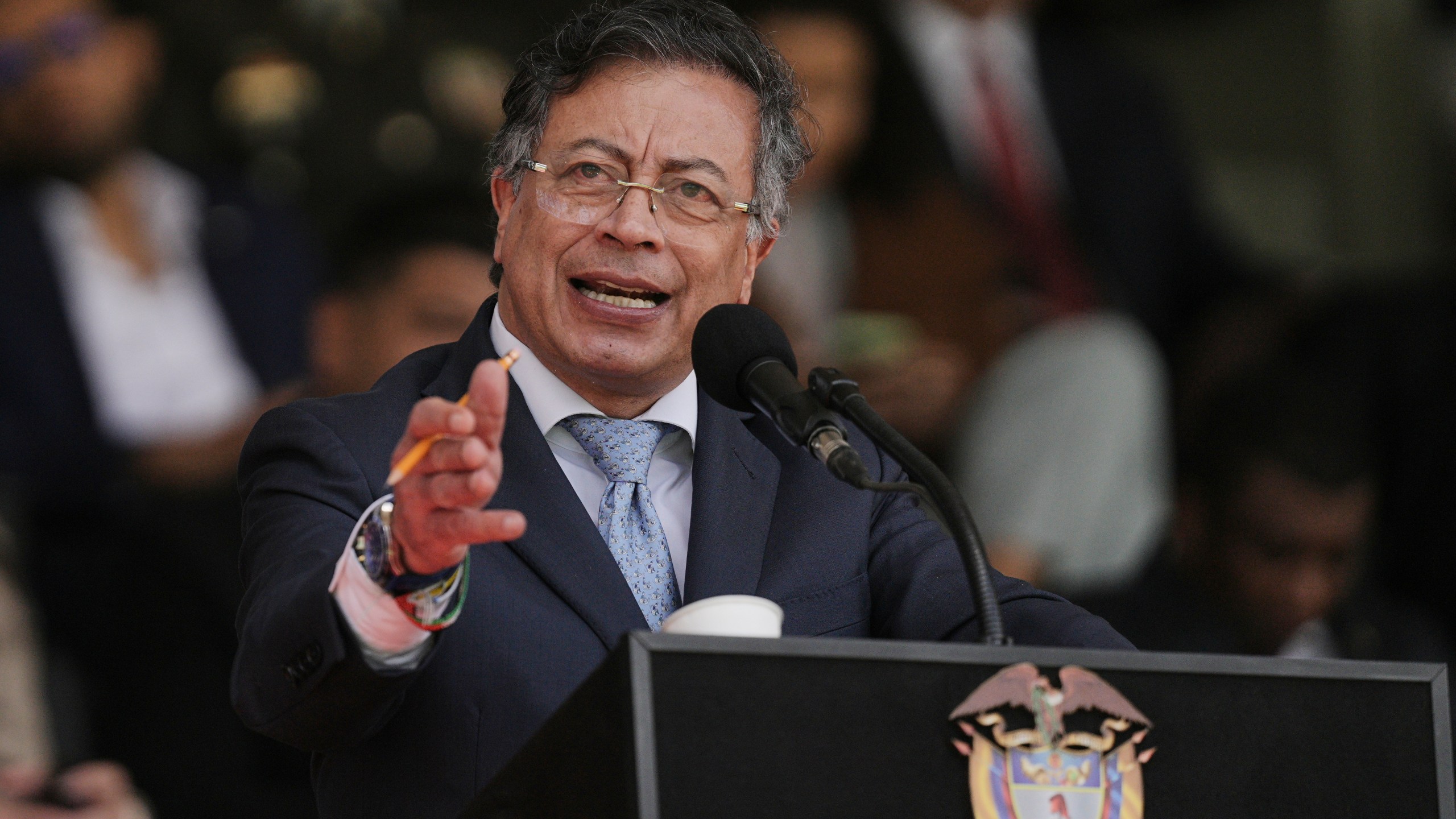 Colombian President Gustavo Petro speaks during the swearing-in ceremony of Gen. William Rincon as the new national police director in Bogota, Colombia, Friday, Oct. 24, 2025. (AP Photo/Ivan Valencia)