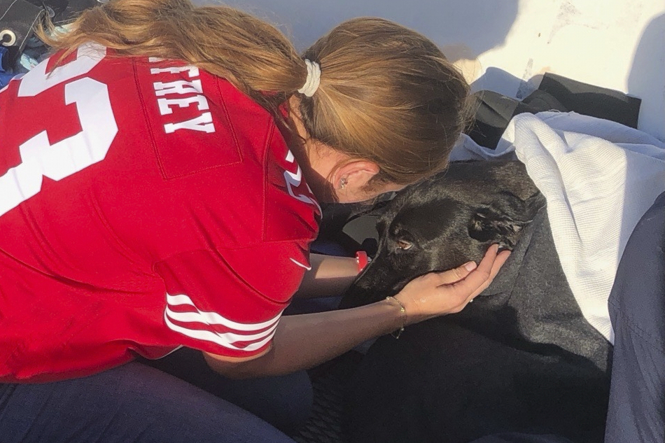 This photo released by San Diego Fire-Rescue shows owner Alexis reuniting with Sadie, a black Labrador retriever-mix, after Sadie was rescued from the water near Mission Beach, San Diego, Nov. 23, 2025. (San Diego Fire-Rescue via AP)