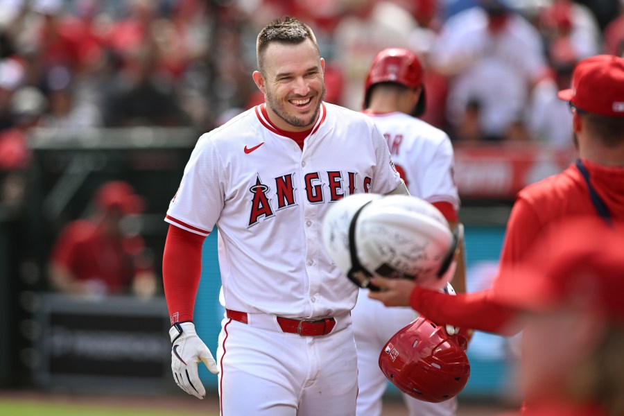 FILE - Los Angeles Angels' Mike Trout celebrates after his solo home run against the Houston Astros during the first inning of a baseball game, Sept. 28, 2025, in Anaheim, Calif. (AP Photo/Wally Skalij, File)