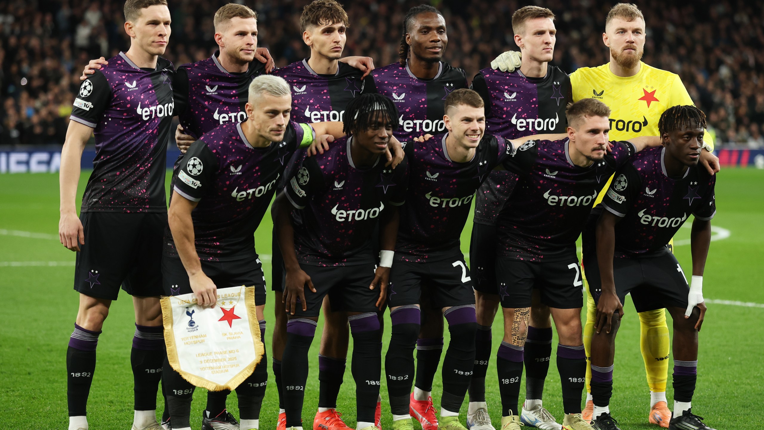 Team of Slavia lines up for the Champions League opening phase soccer match between Tottenham and Slavia Prague, in London, England, Tuesday, Dec. 9, 2025. (AP Photo/Richard Pelham)