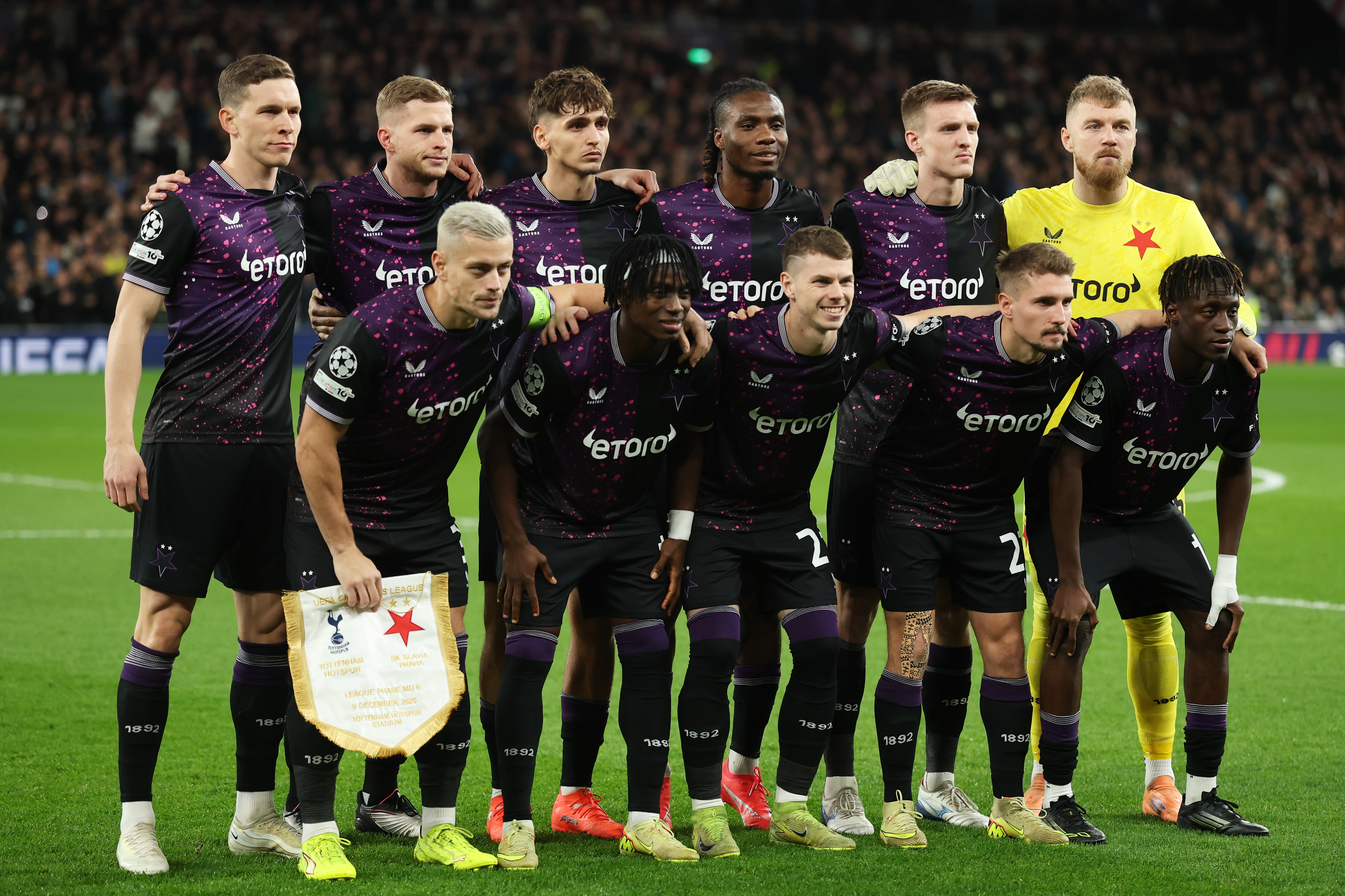 Team of Slavia lines up for the Champions League opening phase soccer match between Tottenham and Slavia Prague, in London, England, Tuesday, Dec. 9, 2025. (AP Photo/Richard Pelham)