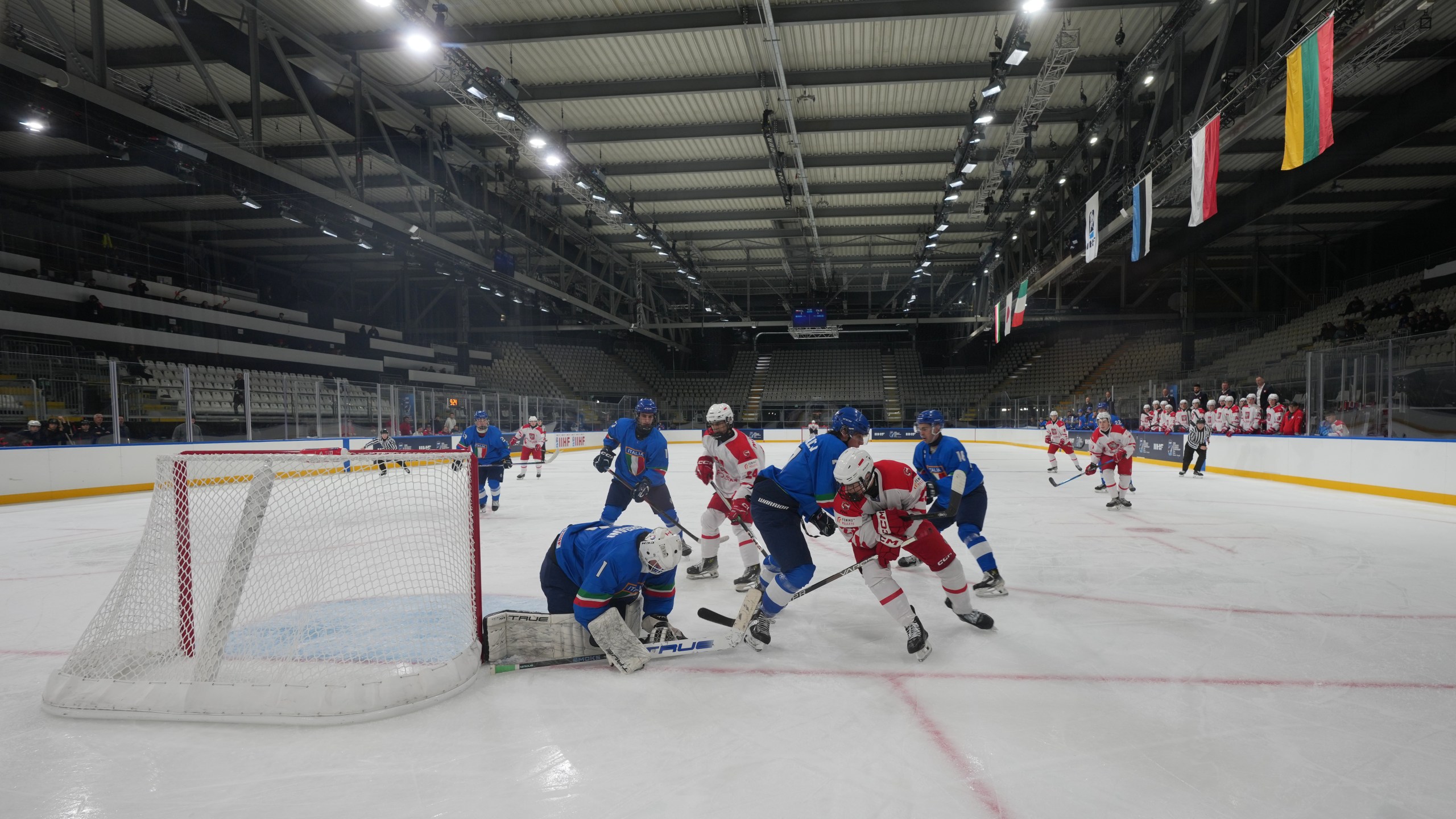 A view of the Ice Hockey Arena during the U20 Ice Hockey World Championship between Poland and Italy as a test event for the 2026 Milan Cortina Winter Olympics, in Rho, near Milan, Italy, Monday, Dec. 8, 2025. (AP Photo/Antonio Calanni)