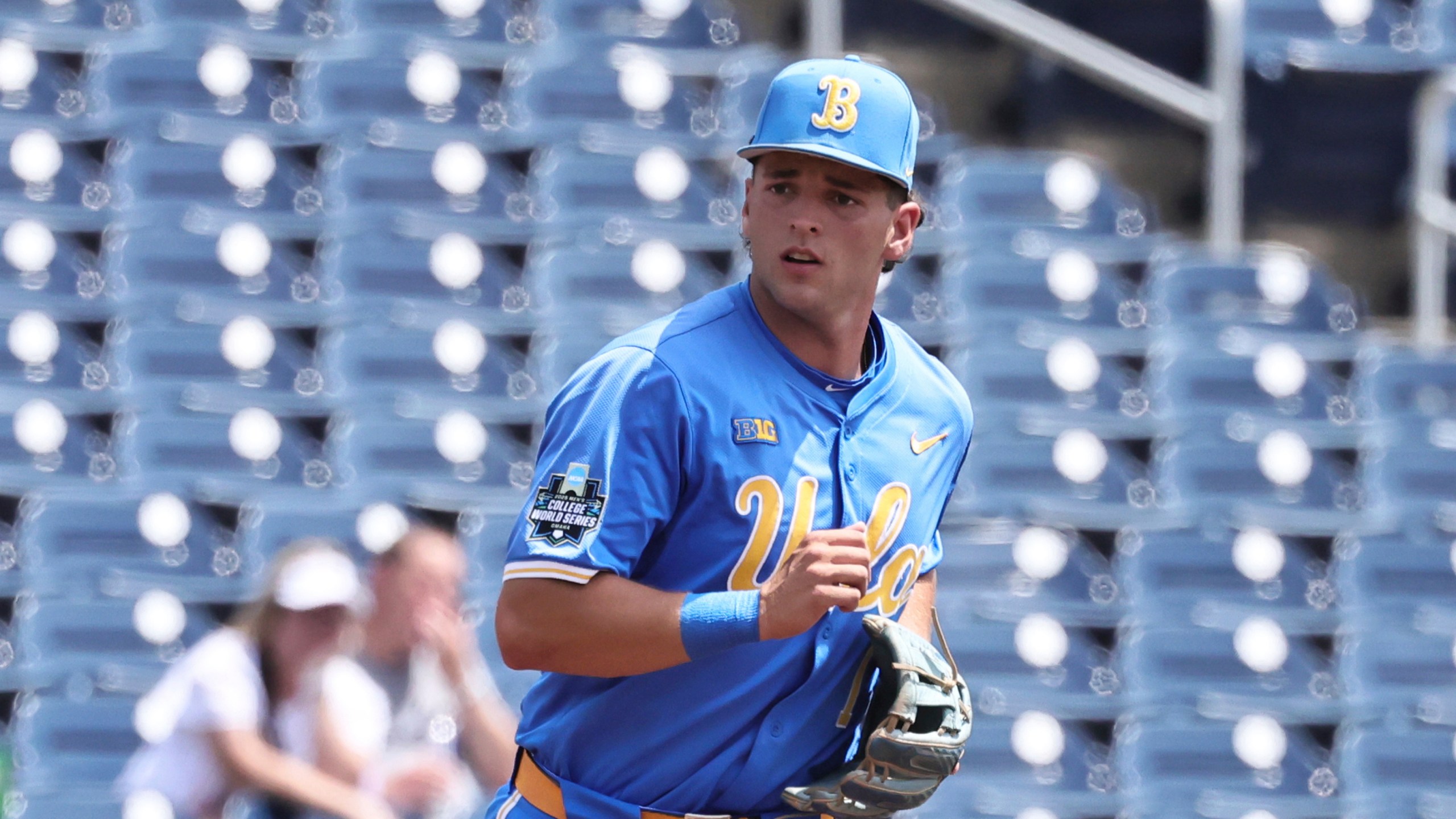 FILE - UCLA infielder Roch Cholowsky runs during an NCAA College World Series baseball game, June 14, 2025 in Omaha, Neb. (AP Photo/Cory Eads, File)
