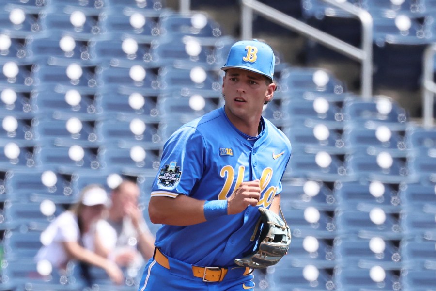 FILE - UCLA infielder Roch Cholowsky runs during an NCAA College World Series baseball game, June 14, 2025 in Omaha, Neb. (AP Photo/Cory Eads, File)