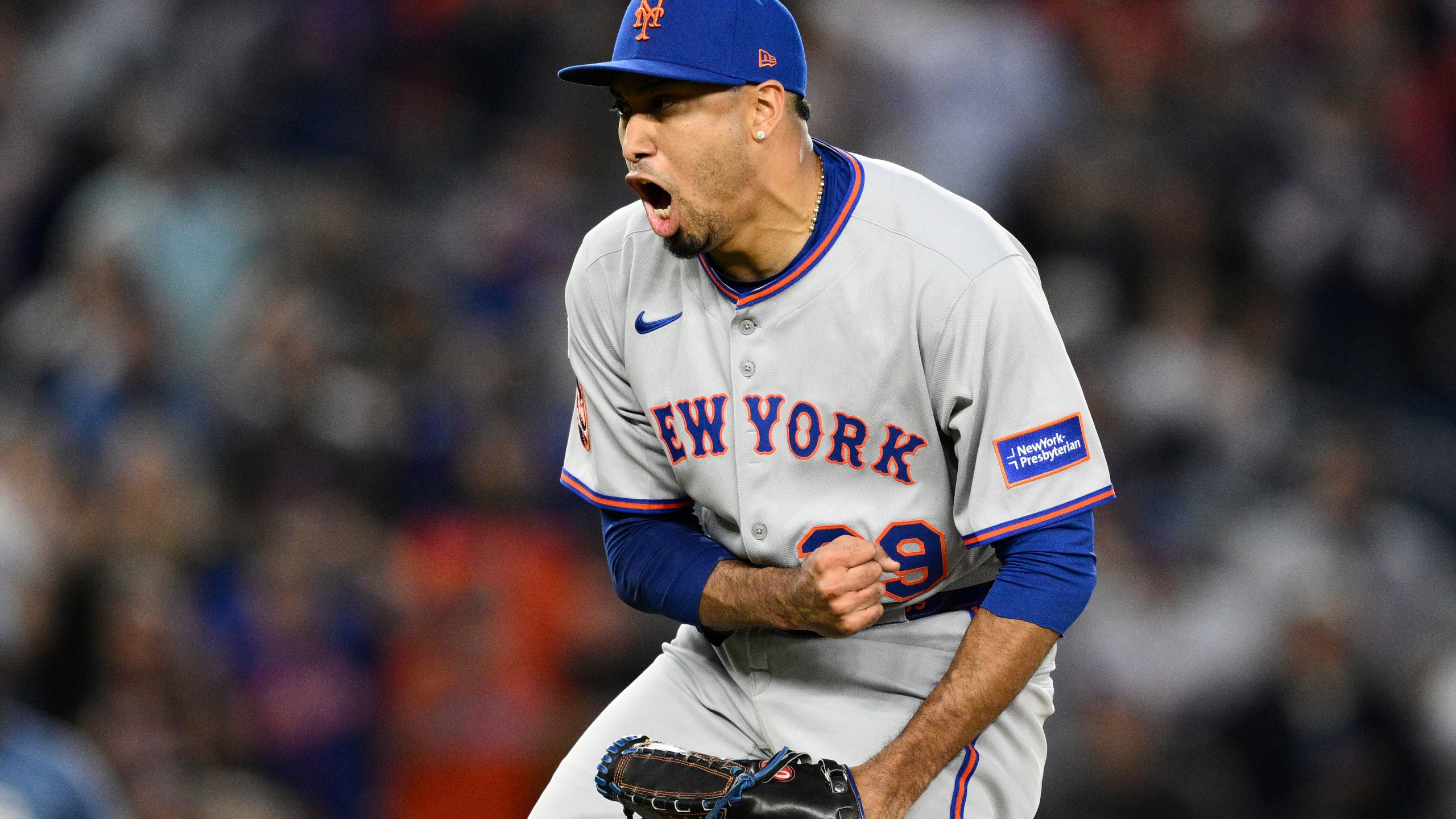 FILE - New York Mets relief pitcher Edwin Diaz (39) reacts at the end of a baseball game against the Washington Nationals, Saturday, April 26, 2025, in Washington. (AP Photo/Nick Wass, File)