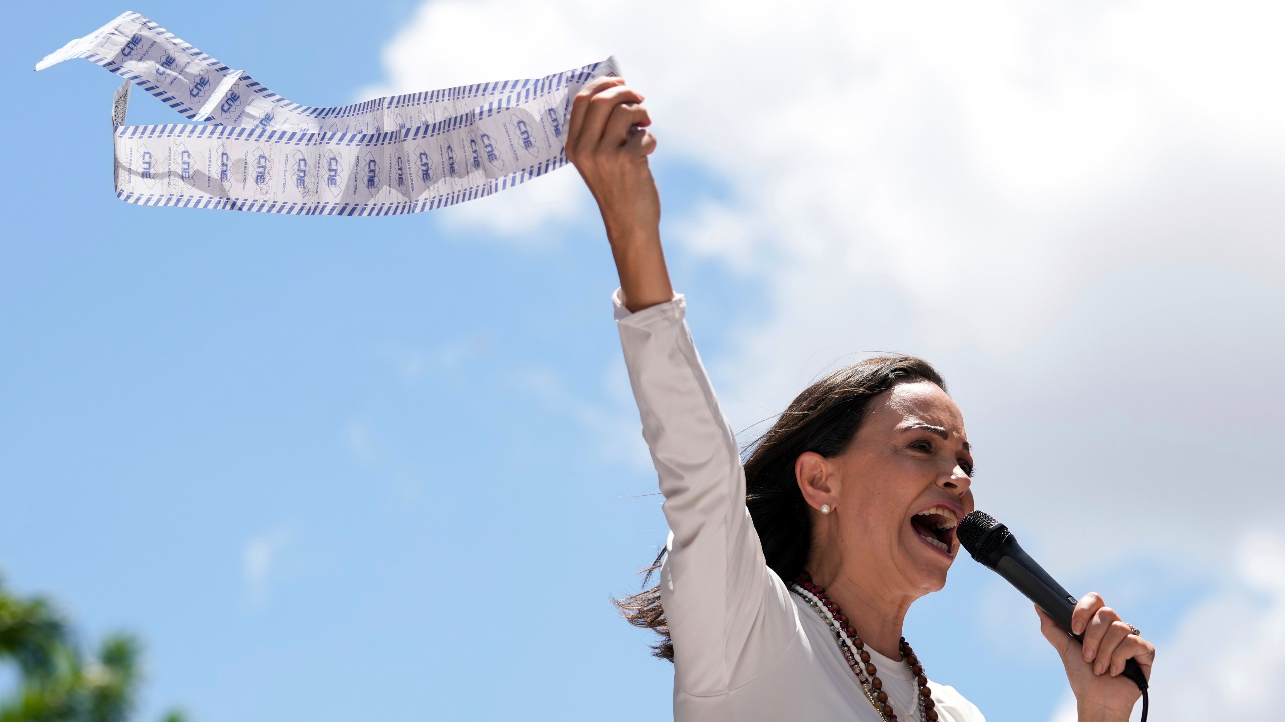FILE - Opposition leader Maria Corina Machado displays vote tally sheets during a protest against the reelection of President Nicolas Maduro one month after the disputed presidential vote which she says the opposition won by a landslide, in Caracas, Venezuela, Wednesday, Aug. 28, 2024. (AP Photo/Ariana Cubillos, file)