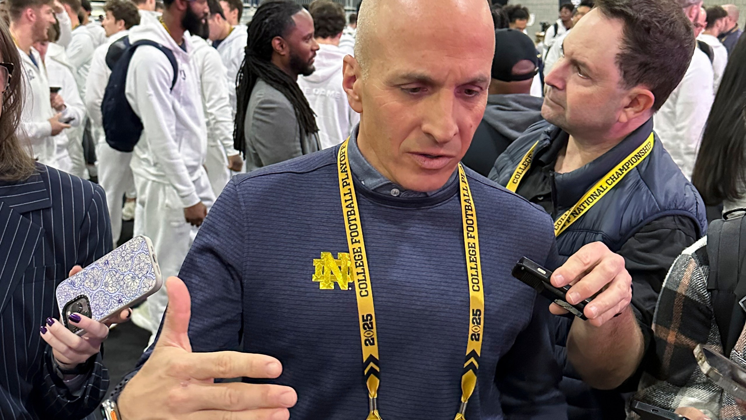 FILE - Notre Dame Athletic Director Pete Bevacqua talks during media day ahead of the College Football Playoff national championship game between Ohio State and Notre Dame Jan. 18, 2025, in Atlanta. (AP Photo/Eddie Pells, File)