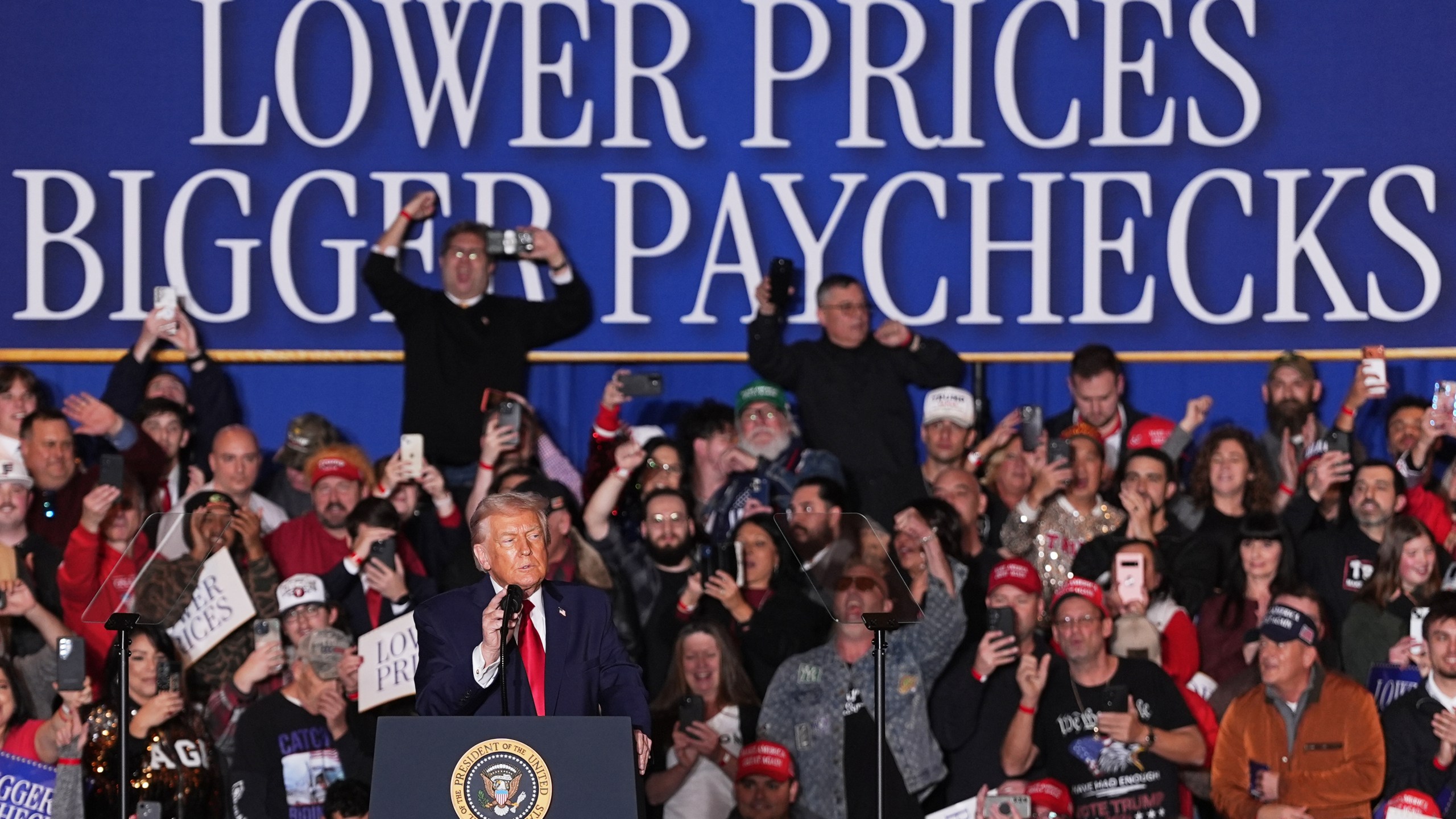 President Donald Trump speaks at the Mount Airy Casino Resort in Mount Pocono, Pa., Tuesday, Dec. 9, 2025. (AP Photo/Matt Rourke)
