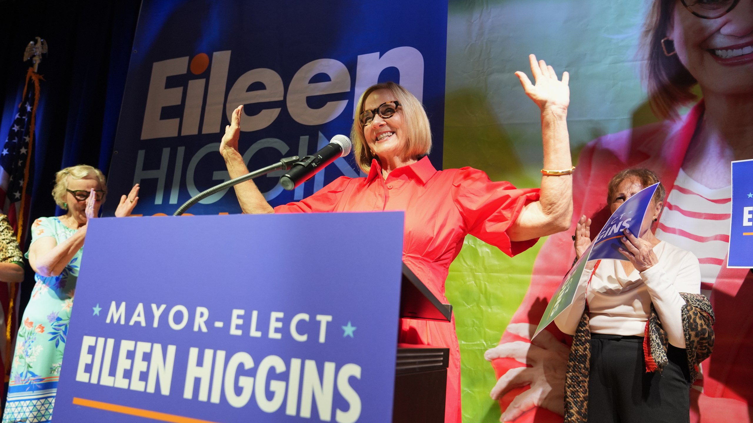 Miami mayor-elect Eileen Higgins celebrates at a watch party after winning the Miami mayoral runoff election, Tuesday, Dec. 9, 2025, in Miami. (AP Photo/Lynne Sladky)