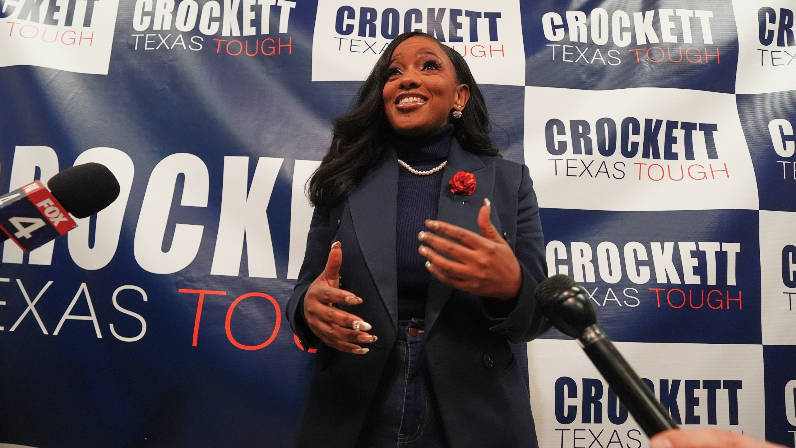 Rep. Jasmine Crockett, D-Texas, speaks to reporters after announcing her run in the Democratic primary for U.S. Senate, Monday, Dec. 8, 2025, in Dallas. (AP Photo/LM Otero)