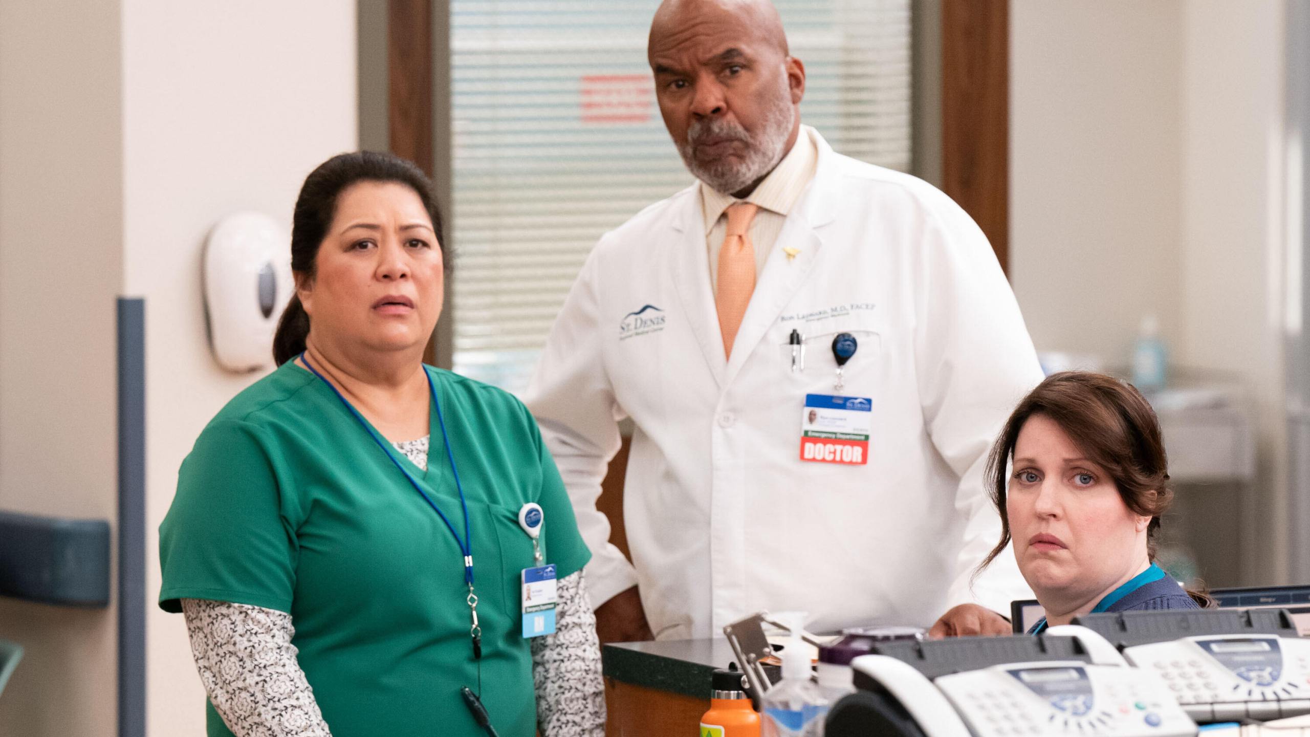 This image released by NBC shows Kaliko Kauahi, from left, David Alan Grier and Allison Tolman in a scene from "St. Denis Medical." (Photo by: Justin Lubin/NBC)