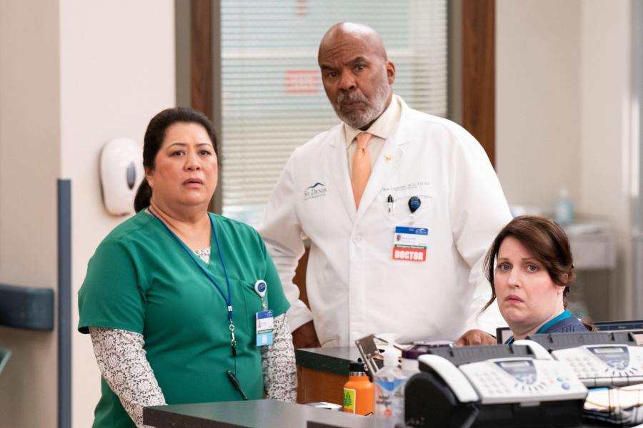 This image released by NBC shows Kaliko Kauahi, from left, David Alan Grier and Allison Tolman in a scene from "St. Denis Medical." (Photo by: Justin Lubin/NBC)