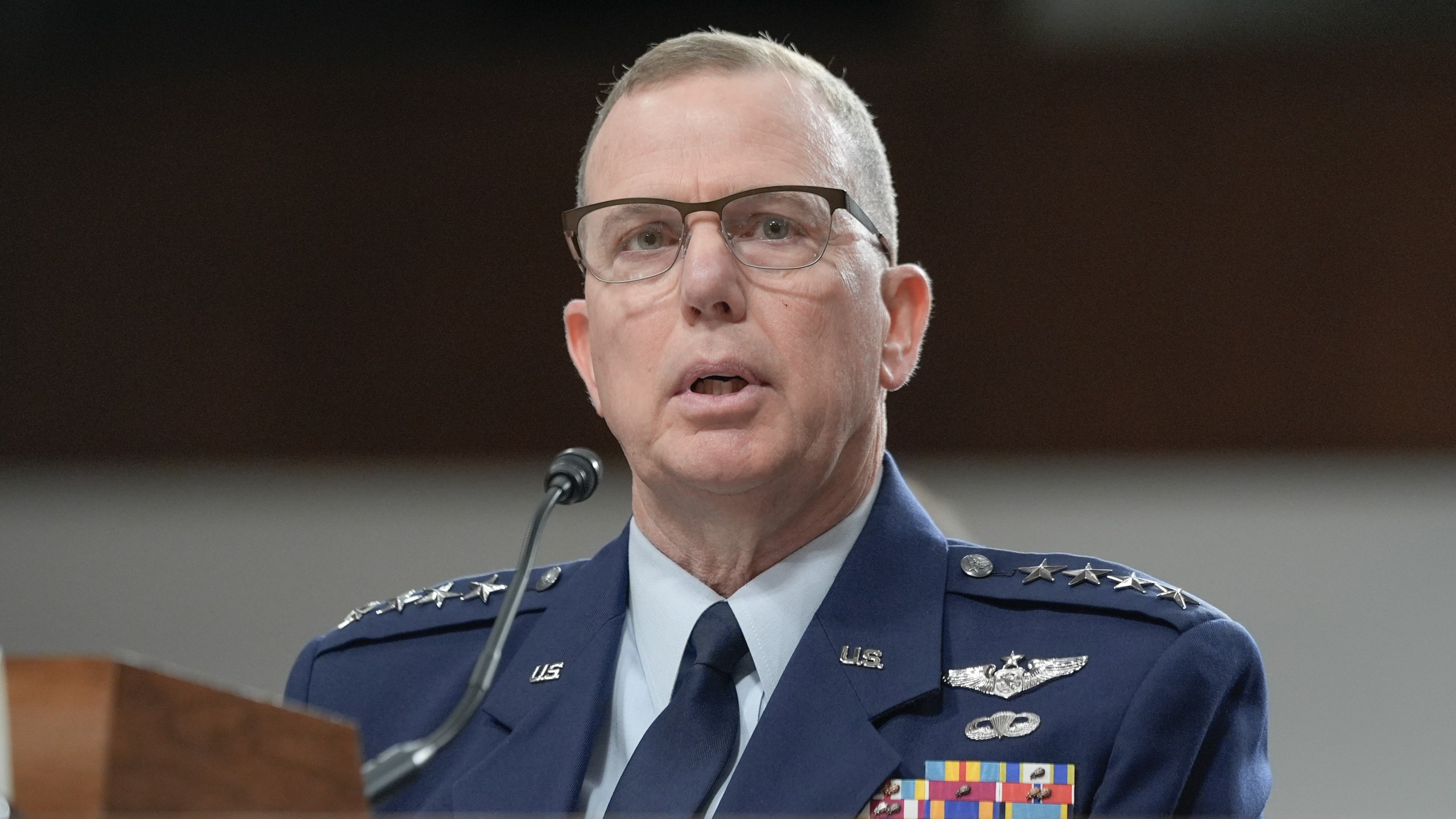 Gen. Gregory M. Guillot, commander of the United States Northern Command, testifies during a Senate Armed Services Committee hearing on homeland security, Thursday, Dec. 11, 2025, in Washington. (AP Photo/Mariam Zuhaib)